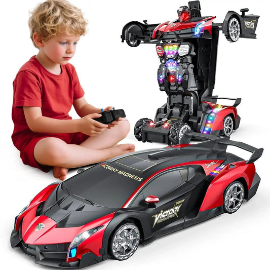 Child playing with 1:10 Scale Transforming RC Car And Robot With Gesture Control, showcasing car and robot modes with LED lights.
