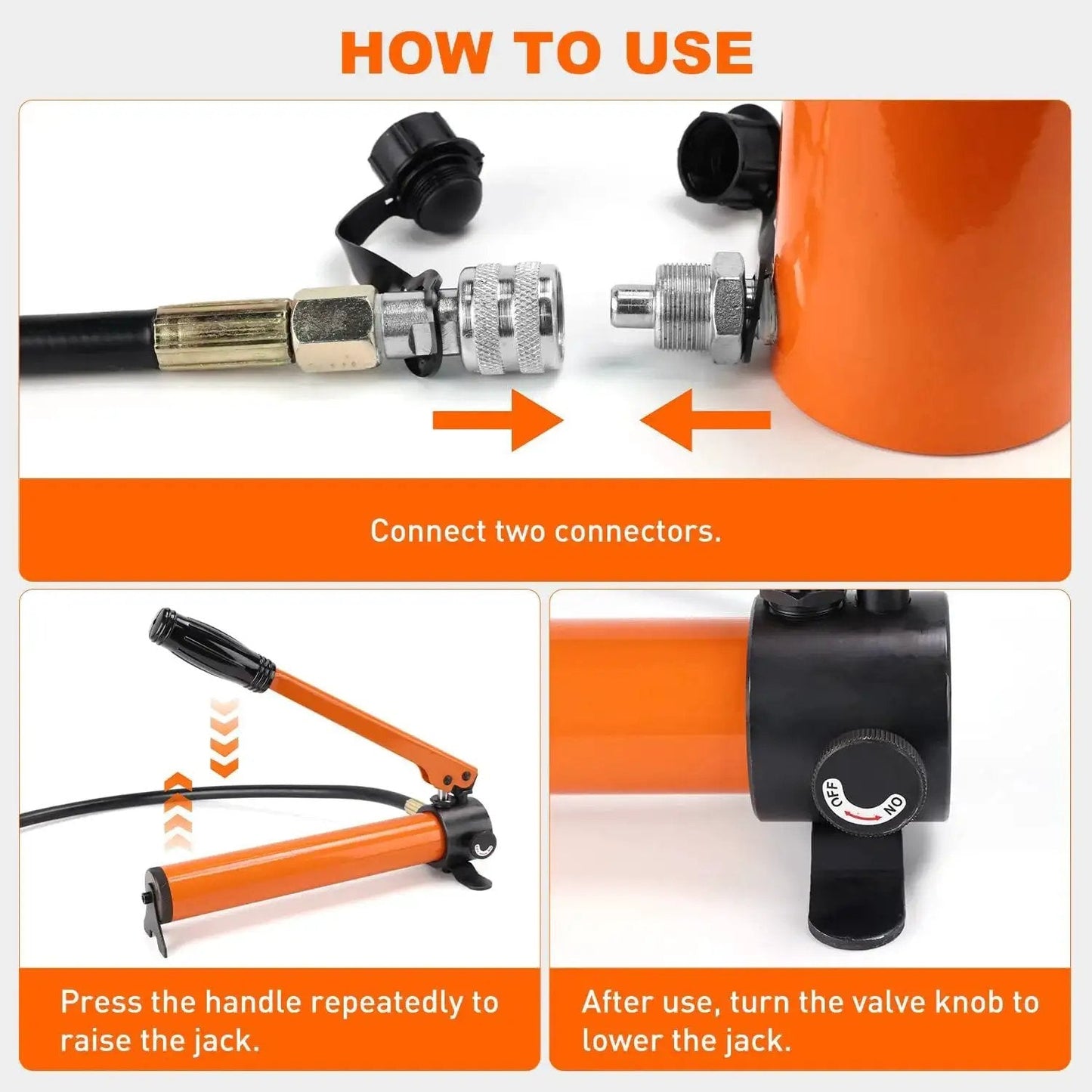 20 Ton Hydraulic Porta Power Kit With Manual Pump 2 Inch Stroke Orange showing connector and pump details