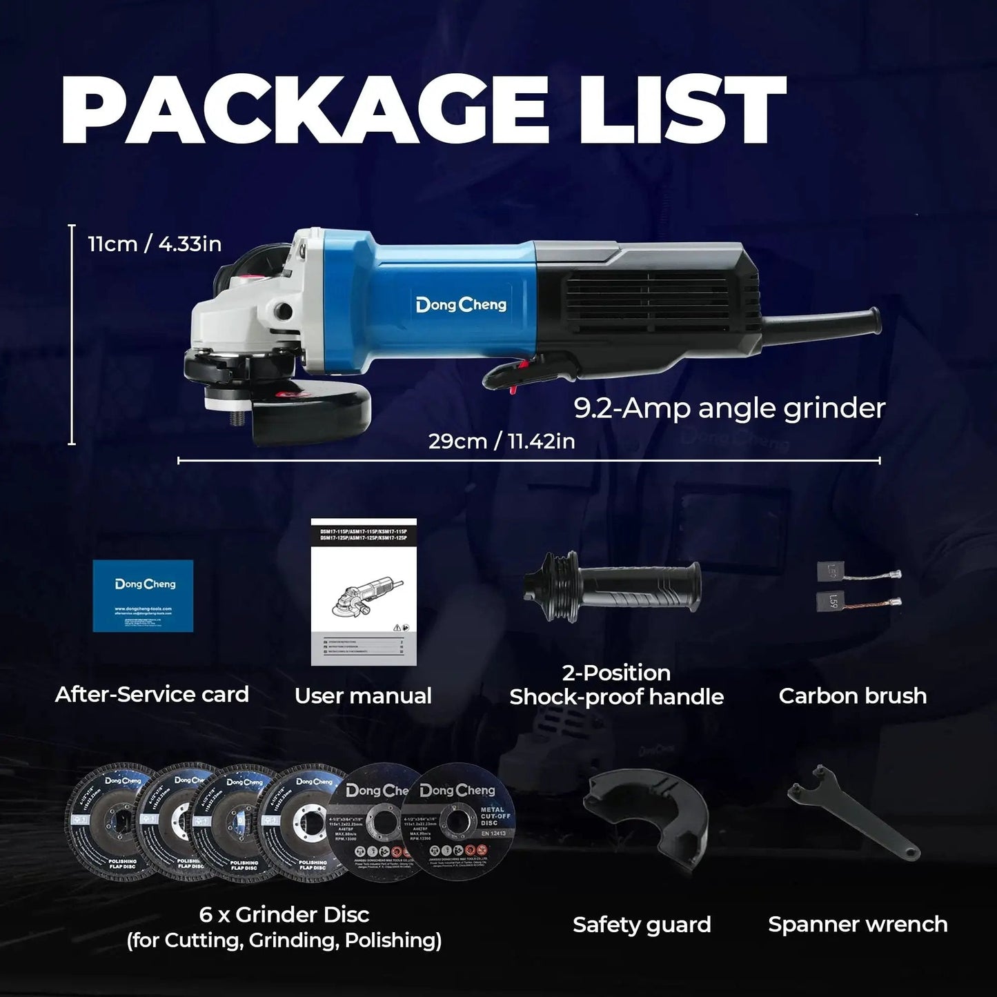 Package contents of Beast Power 9.2 Amp Corded Angle Grinder 4 And A Half Inch 11800 RPM With Tool Free Guard Paddle Switch Lightweight Shockproof Handle For Cutting Grinding Polishing DongCheng including accessories.
