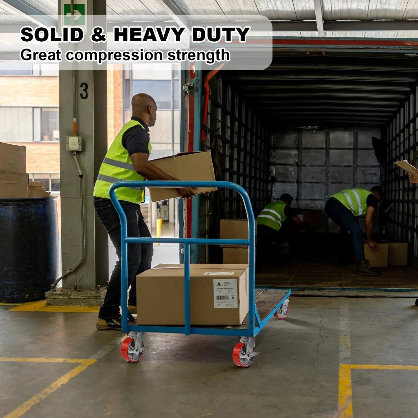 Worker using dolly with 6 inch heavy duty caster set of 4 with 4800 lb capacity polyurethane wheels, loading boxes into truck
