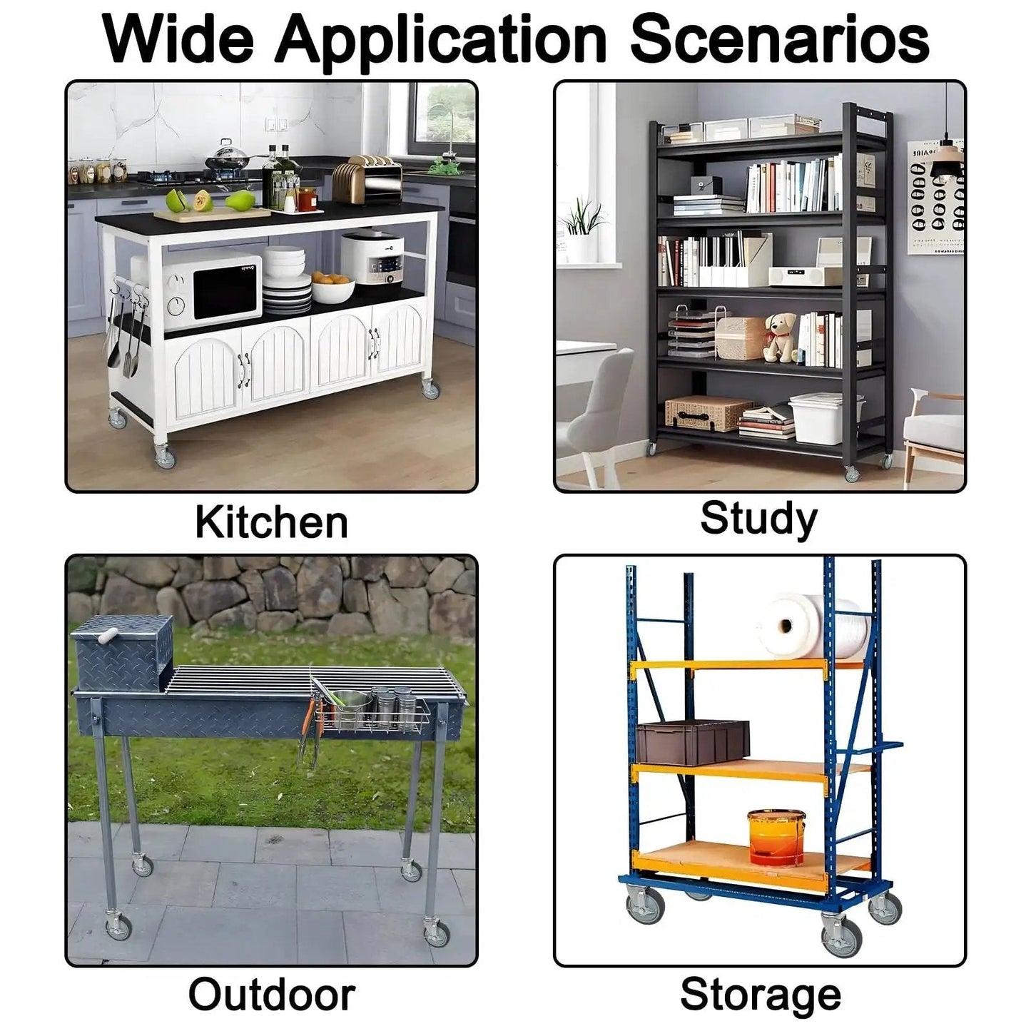 Application scenarios for 5 Inch Stem Locking Caster Wheels Set Of 4 For Wire Shelving Racks in kitchen, study, outdoor, storage