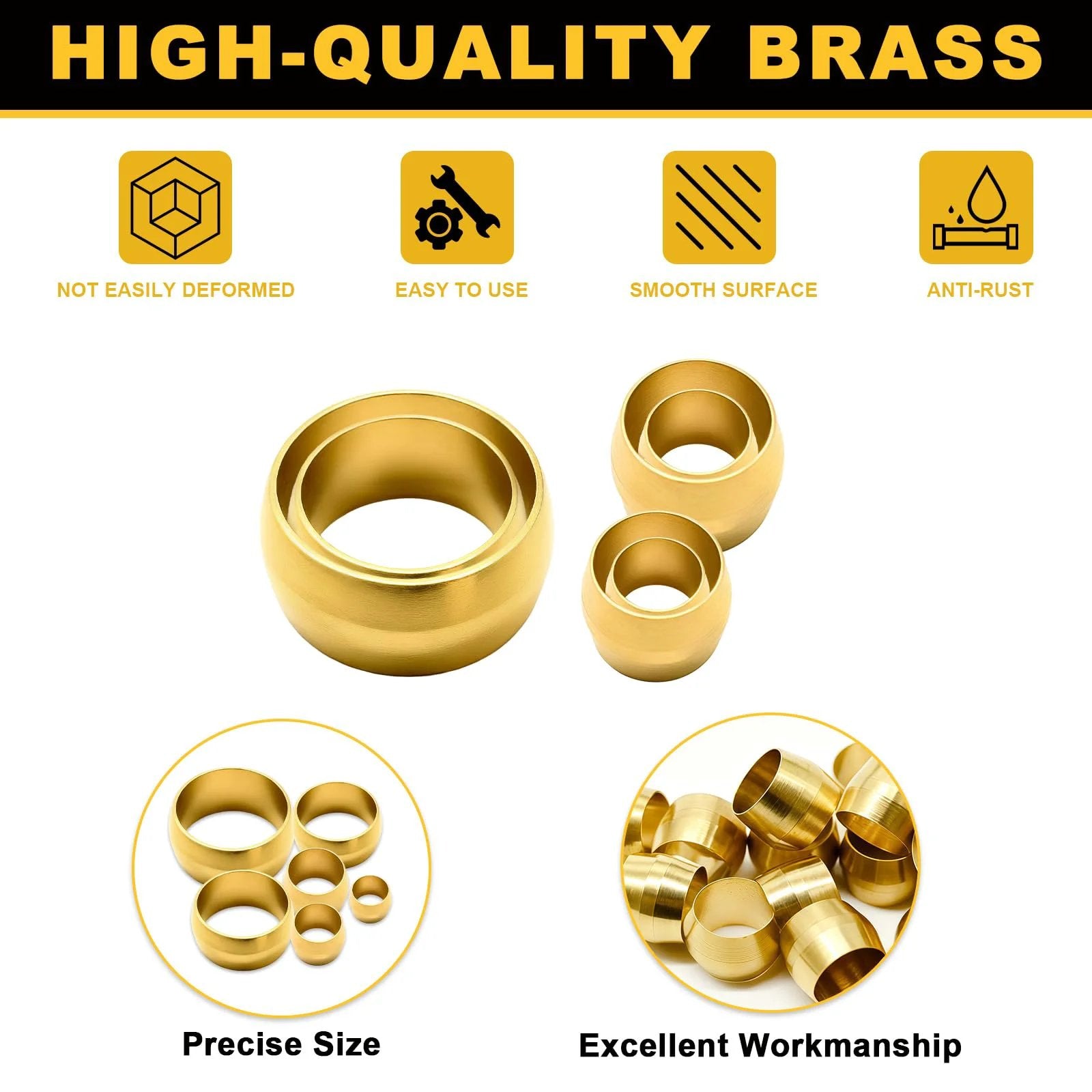 Rugged Brass Compression Sleeves Ferrules For Five Eighths Inch Tube OD Fit For DOT Air Brake Lines Water Fuel Oil Systems