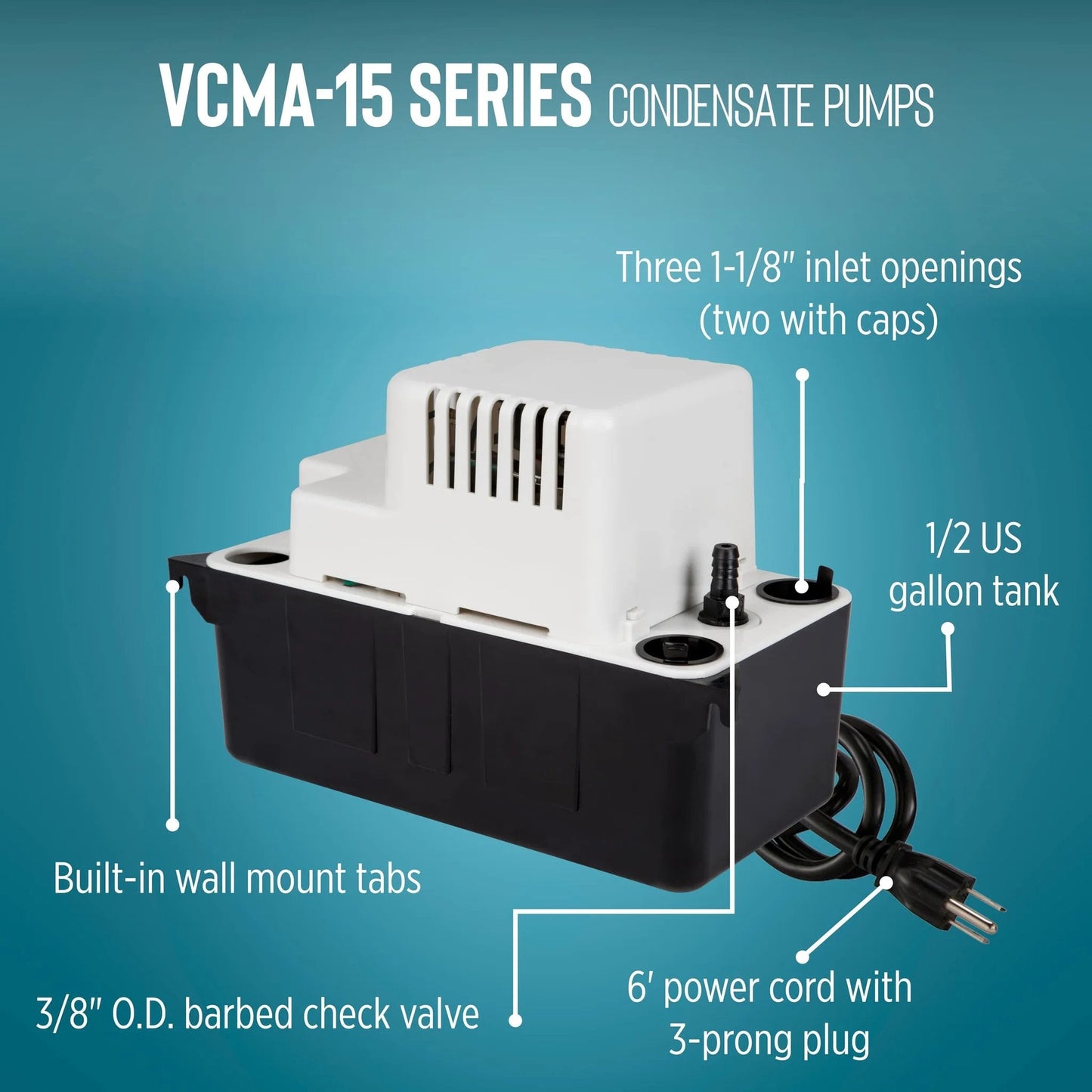 Automatic Condensate Removal Pump for HVAC Refrigeration and Dehumidifiers 115 Volt One Fiftieth HP 65 GPH Flow Vertical Switch Design