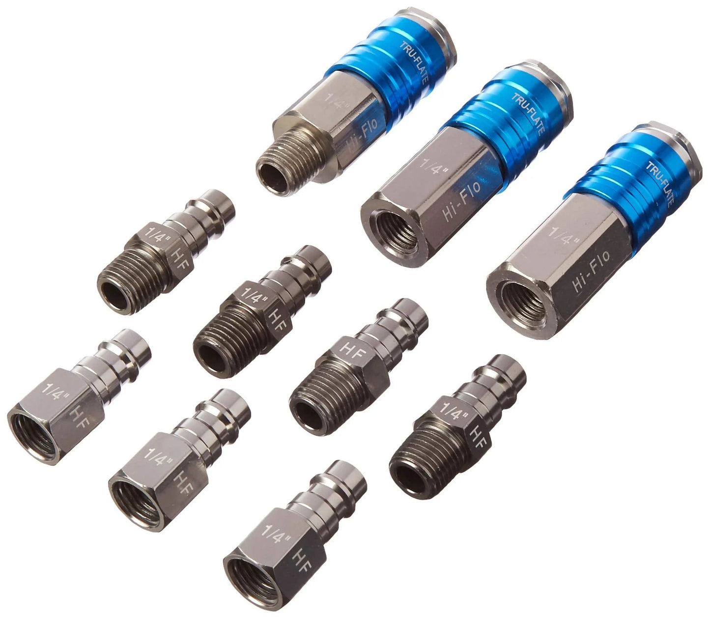 Hi Flo Aluminum Air Tool Plug and Coupler Set One Quarter Inch NPT IM Style Push to Connect for Maximum Air Flow and Torque Tru Flate 13 907 Compatible
