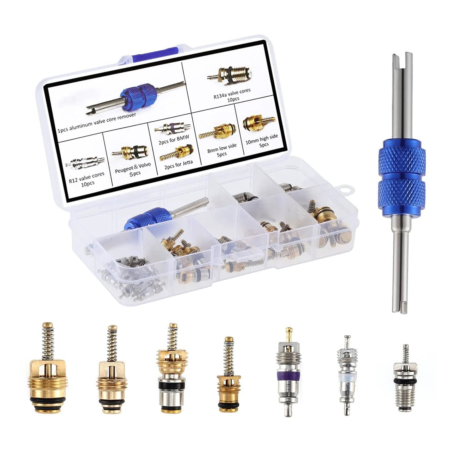 Pro Grade 40 Pc Car Air Conditioning Valve Core Kit for R12 R134a Refrigerant Systems with double head remover tool and case
