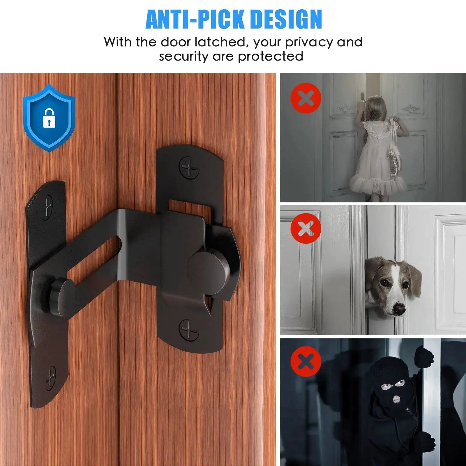 90 Degree Flip Barn Door Lock For Privacy And Security 304 Stainless Steel Gate Latch installed on wood door, anti-pick design shown.