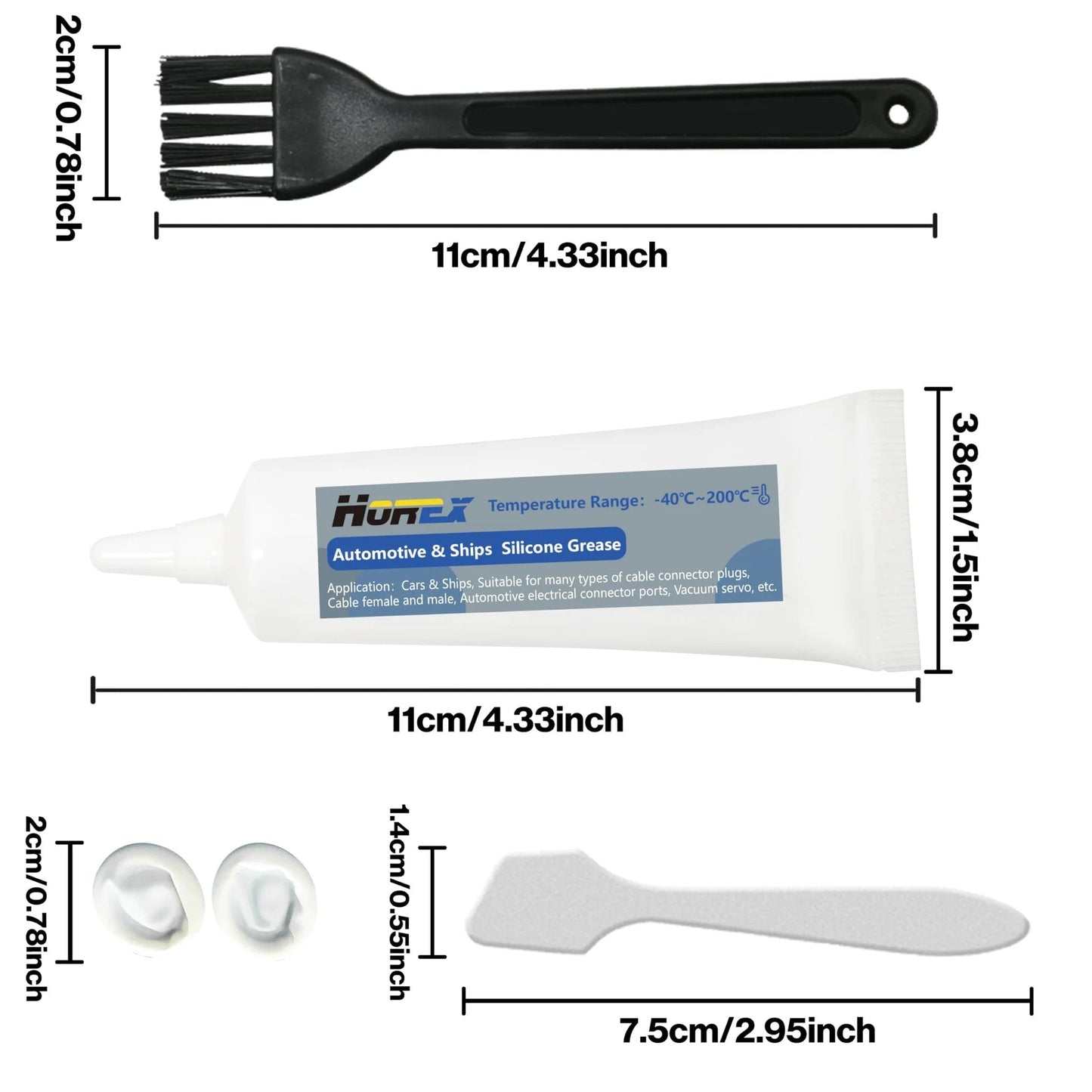 Premium Dielectric Grease For Electrical Connections And Spark Plugs 20g Tube with applicator and brush on white background.