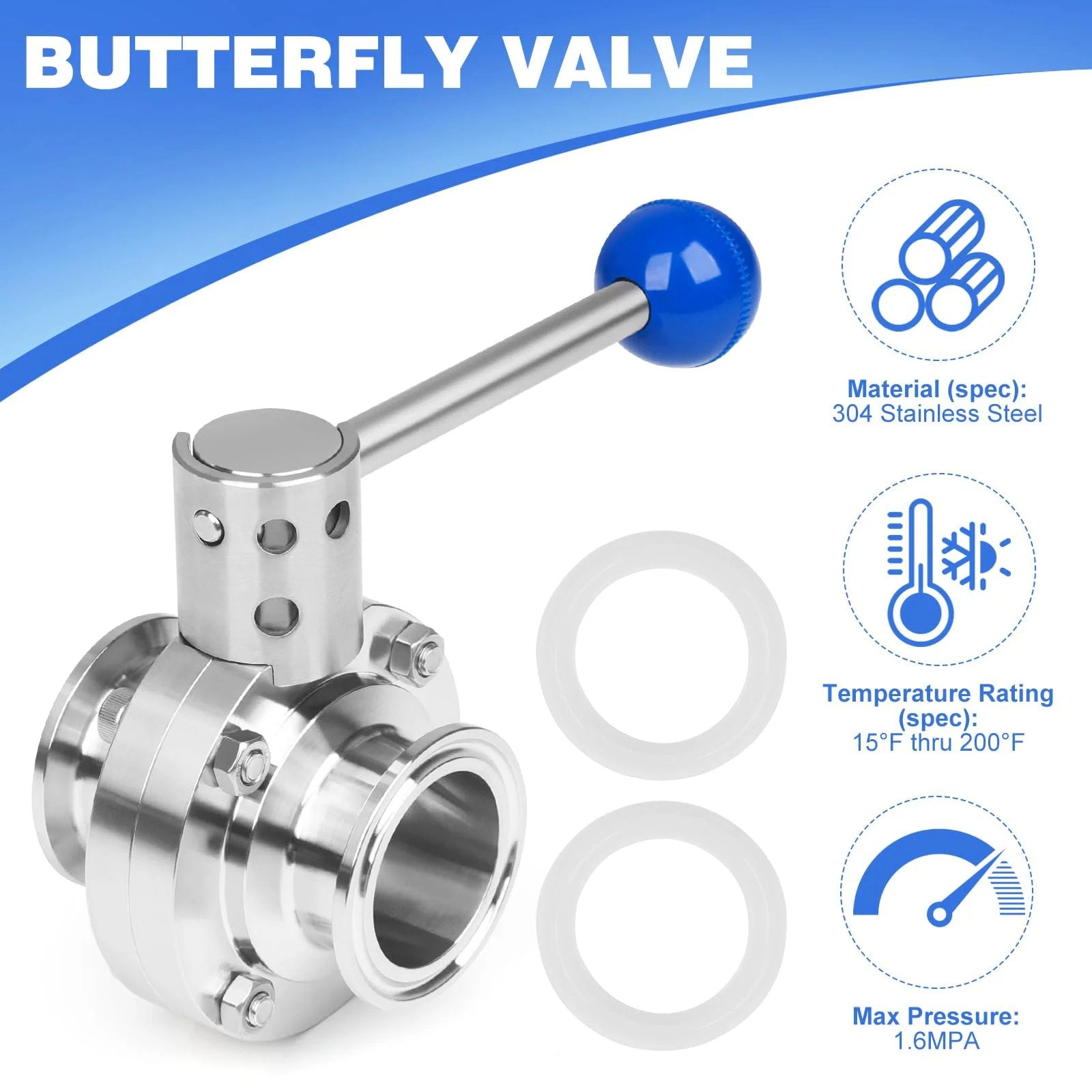 Sanitary 1.5 Inch Butterfly Valve With Pull Handle Tri Clamp Pro Grade Stainless Steel 304 2 Pack, front view
