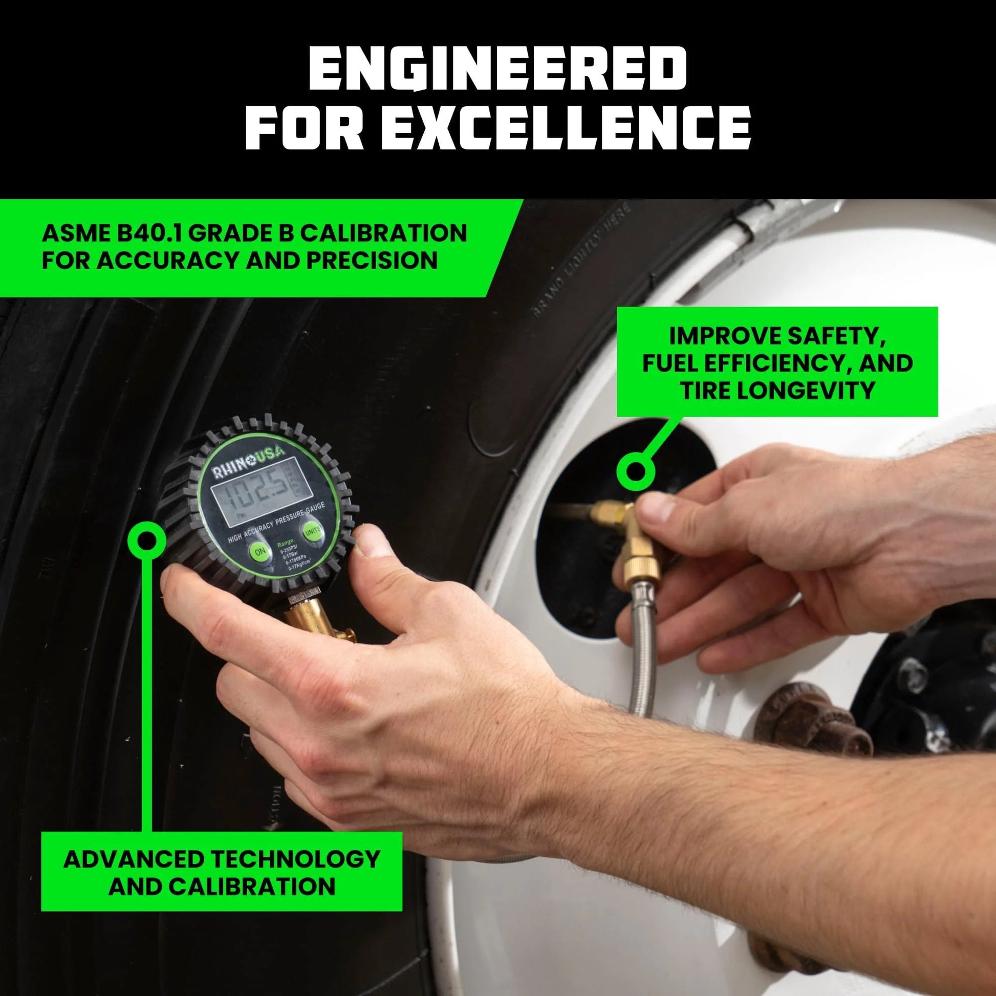 Ultimate Tire Pressure Gauge With Glow Dial And Premium Braided Hose 0-250 Psi ANSI B40.7 Accurate Heavy Duty Air Chuck in use on tire