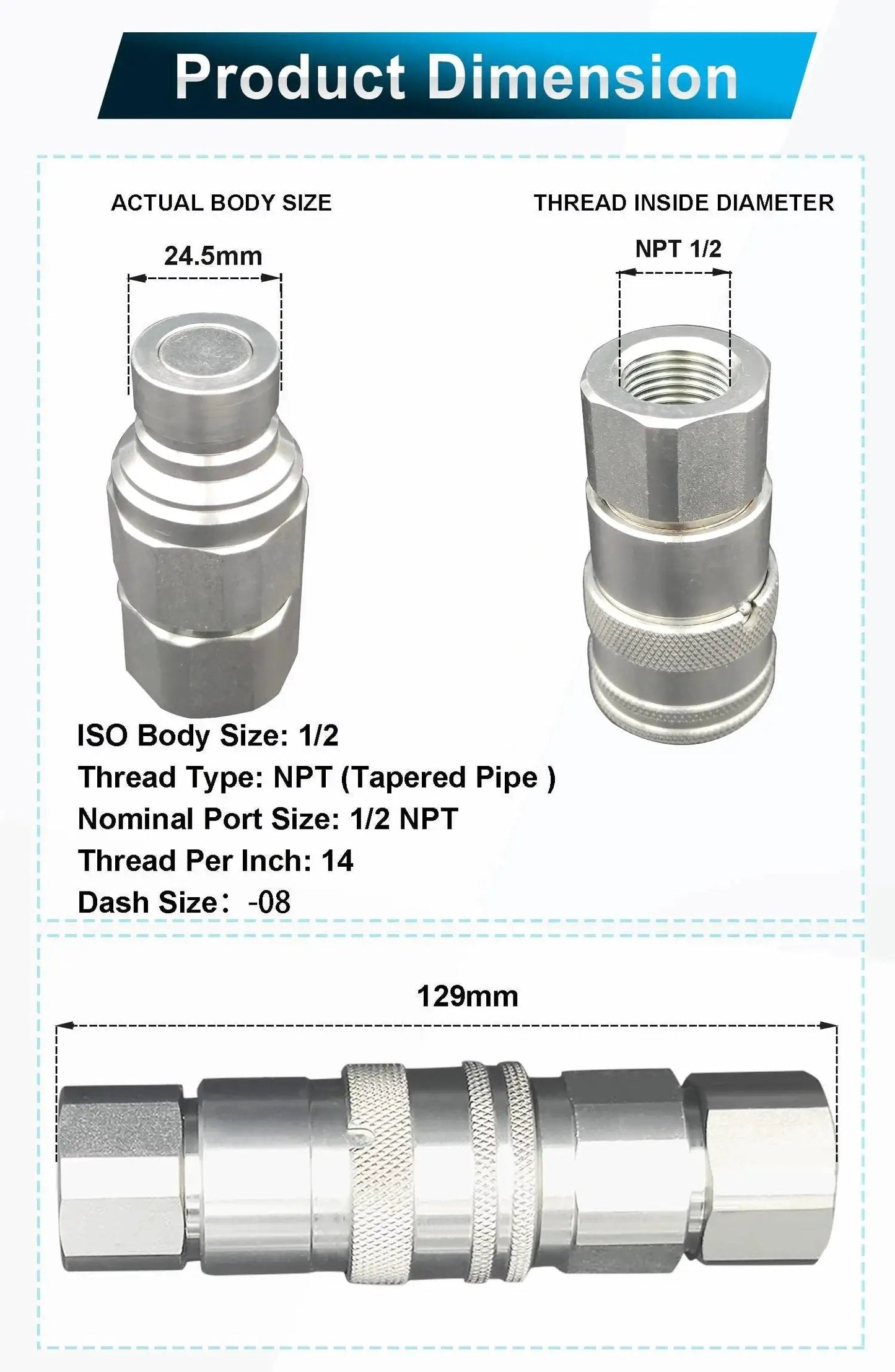 Flat Face Hydraulic Quick Connect Couplers Set With Dust Caps One Half Inch NPT ISO 16028 Standard dimensions