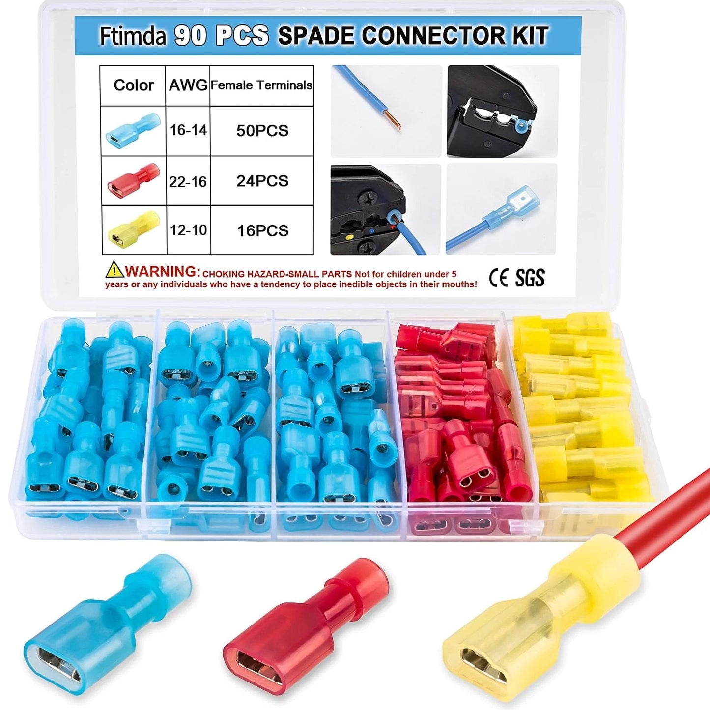 Premium 90 Piece Nylon Spade Wire Terminal Connector Kit For 12 10 AWG To 22 16 AWG Fully Insulated Quick Disconnect Terminals For Auto Audio Speaker And Stereo Wiring By Ftimda, showing color-coded terminal connectors in storage box