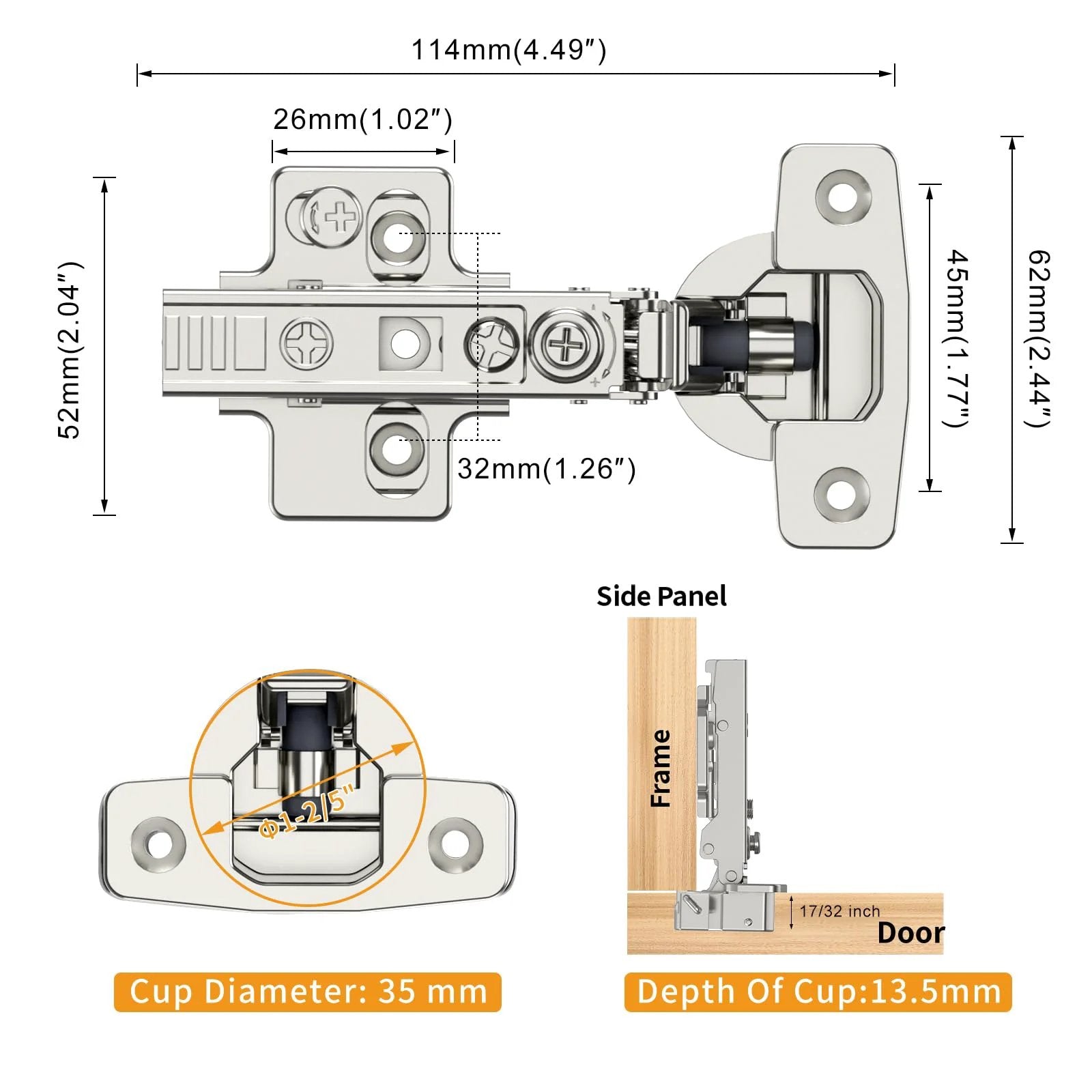 Diagram of Frameless Full Overlay Cabinet Hinges With Soft Close Self Closing For Quick DIY Install, 105 Degree Opening