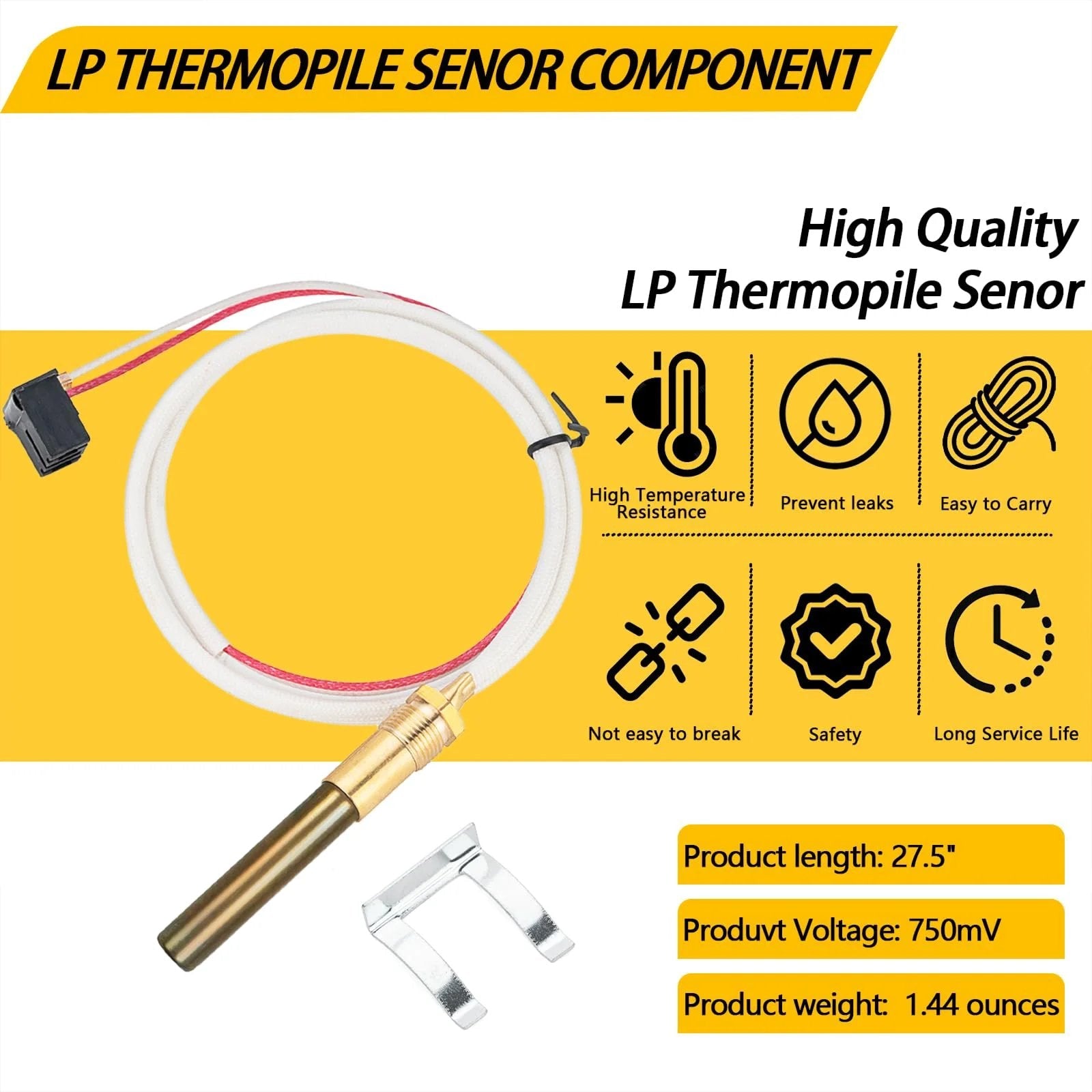 Plug And Play Thermopile Sensor Component displayed with wires, metal tube, and mounting parts. For Rheem gas water heaters.