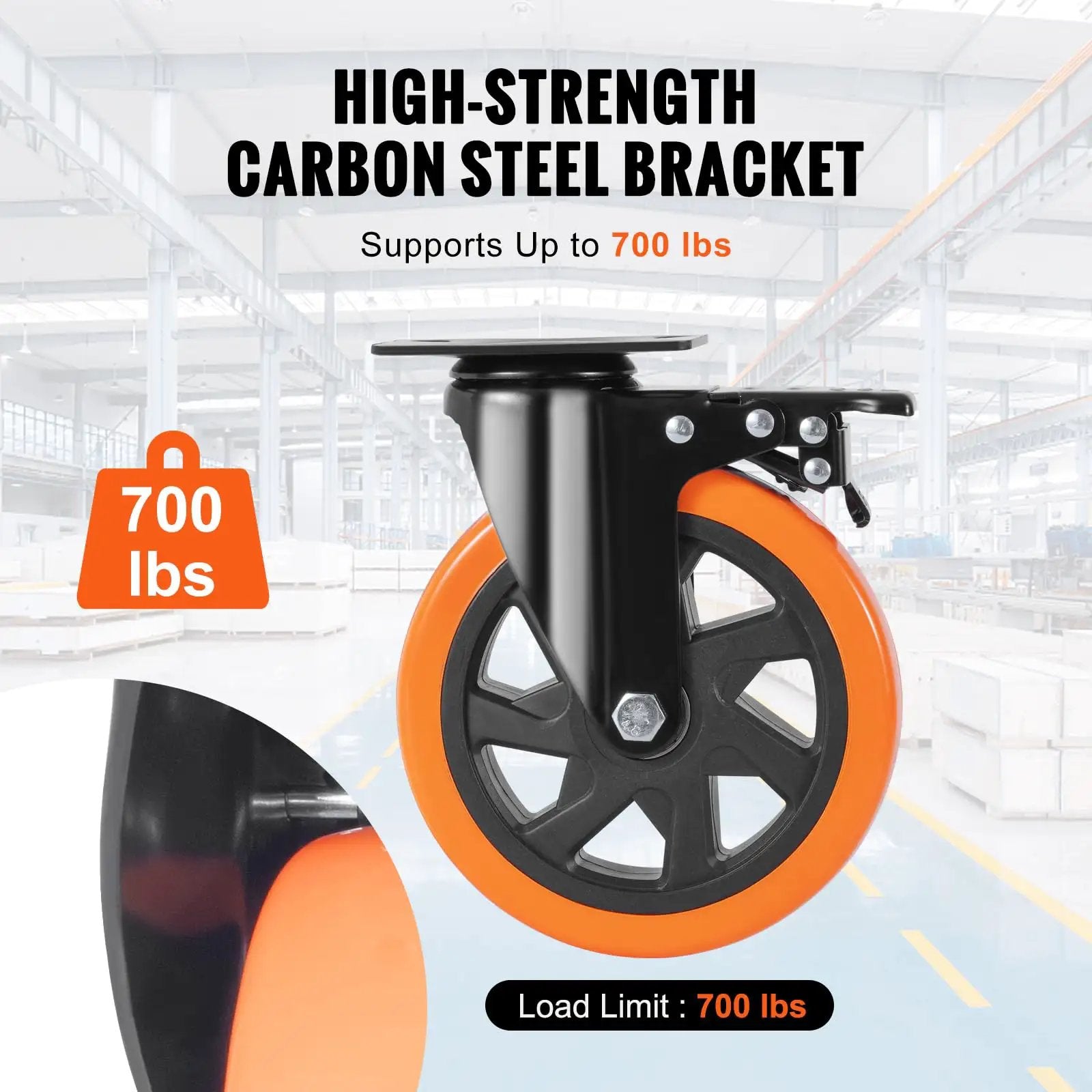 Side view of Six Inch Swivel Plate Caster Wheels Set Of Four With AB Locking No Noise PVC Non Marking Wheels For Cart Furniture Workbench