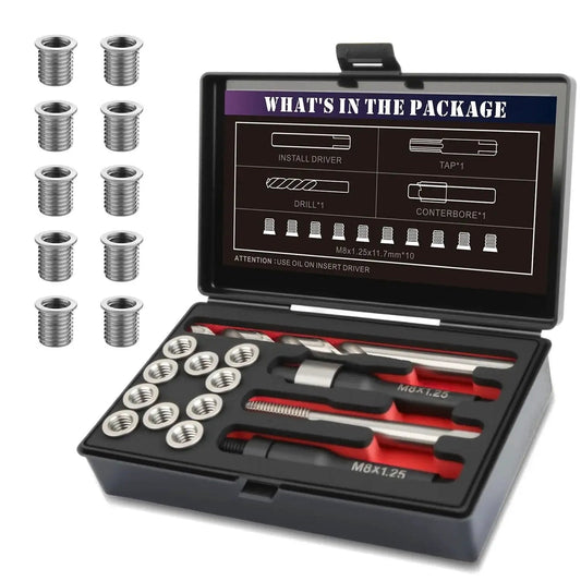 M8x1.25 Thread Repair Kit With 11.7mm Stainless Inserts 10Pcs Drill Tap Driver, open case showing tools and inserts