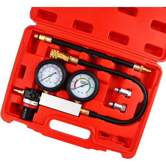 Cylinder Leak Down Tester Kit with Dual 100 PSI Gauges for Pro Grade Engine Leakage Diagnostics, includes adapters in case