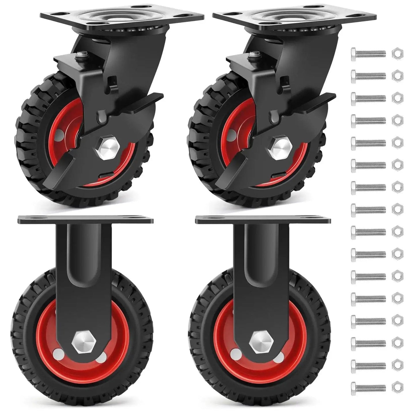 5 Inch Heavy Duty Rubber Casters Set Of 4 With 2 Brakes And 2 Rigid Wheels Industrial Grade Solid Rubber Tread For Cart Wagon Or Chicken Coop Outdoor Use Up To 1080 Lbs Load Capacity Sturdy Steel Core And Knobby Tread