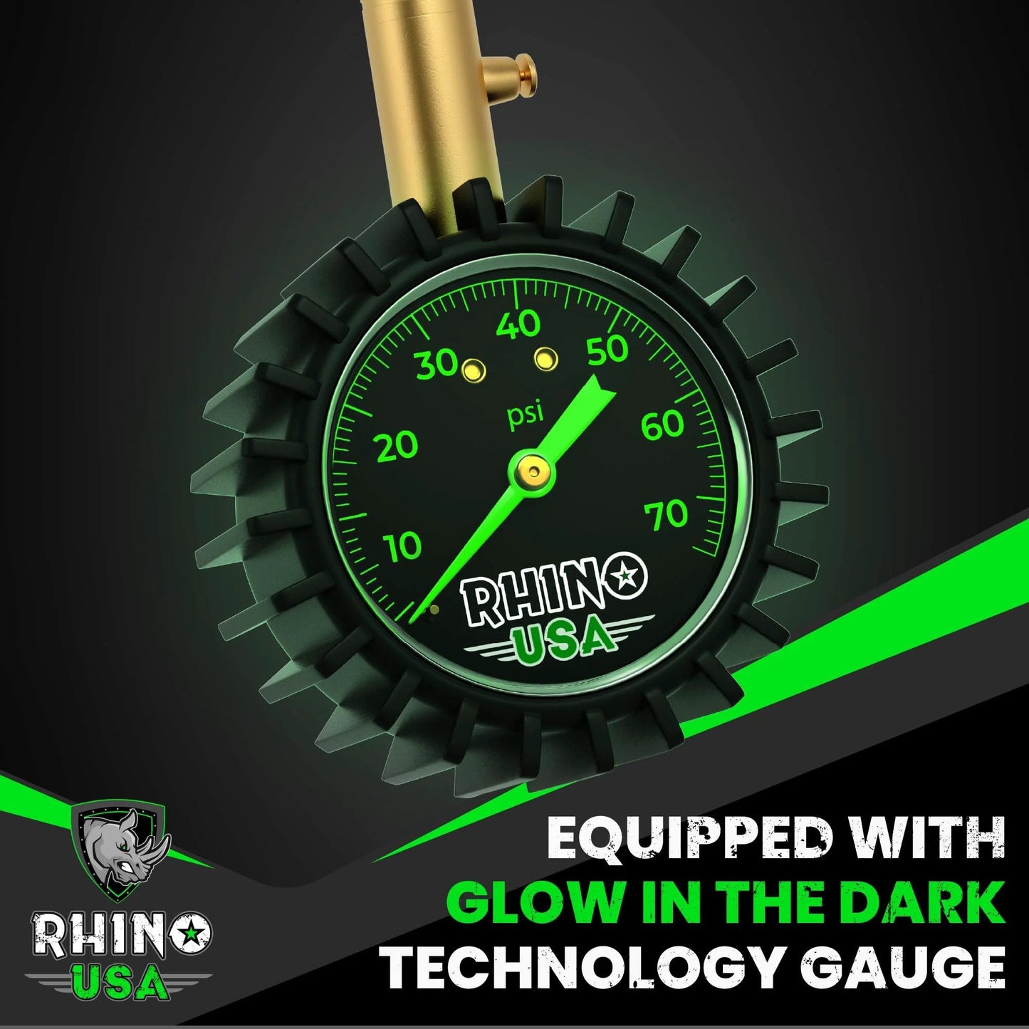 Heavy Duty Tire Pressure Gauge 0 To 75 PSI With Large Glow Dial And Premium Braided Hose For Cars Trucks Motorcycles And RV ANSI B40 1 Certified Solid Brass Hardware By Rhino USA with a glow in the dark dial
