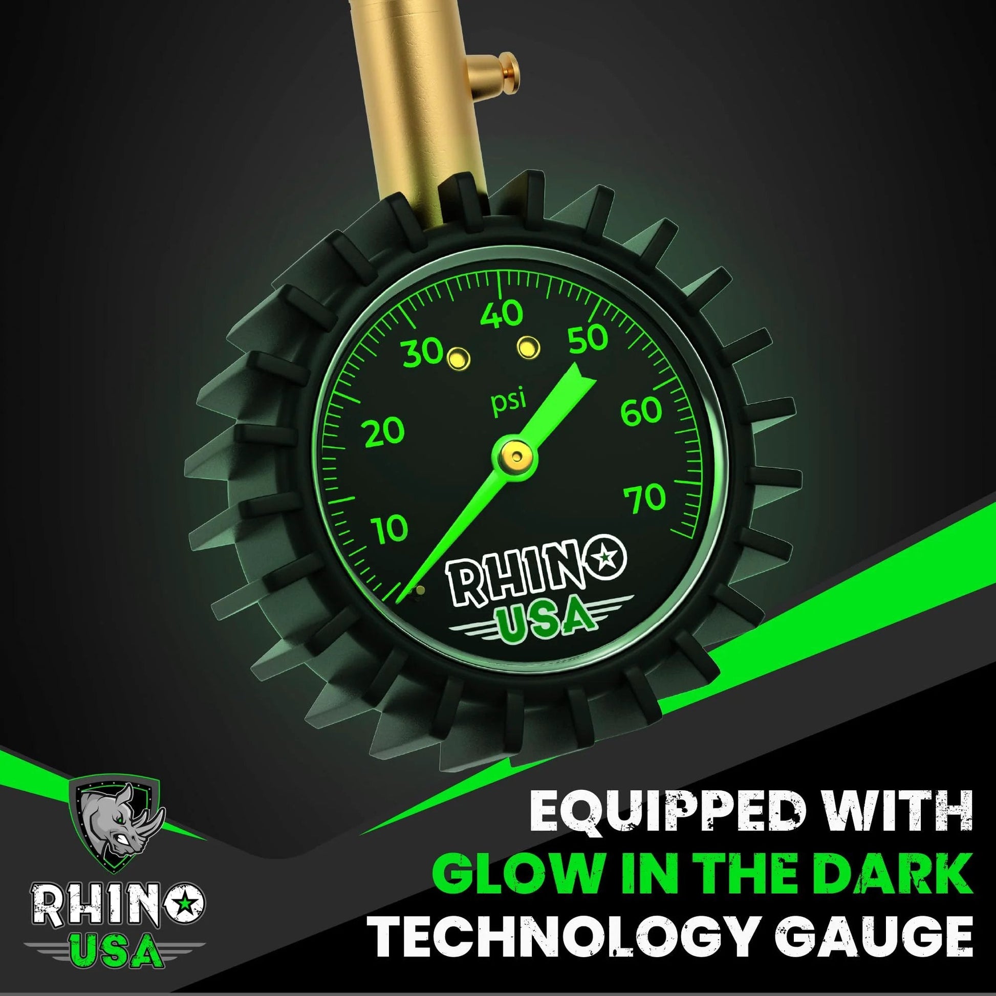 Heavy Duty Tire Pressure Gauge 0 To 75 PSI With Large Glow Dial And Premium Braided Hose For Cars Trucks Motorcycles And RV ANSI B40 1 Certified Solid Brass Hardware By Rhino USA with a glow in the dark dial