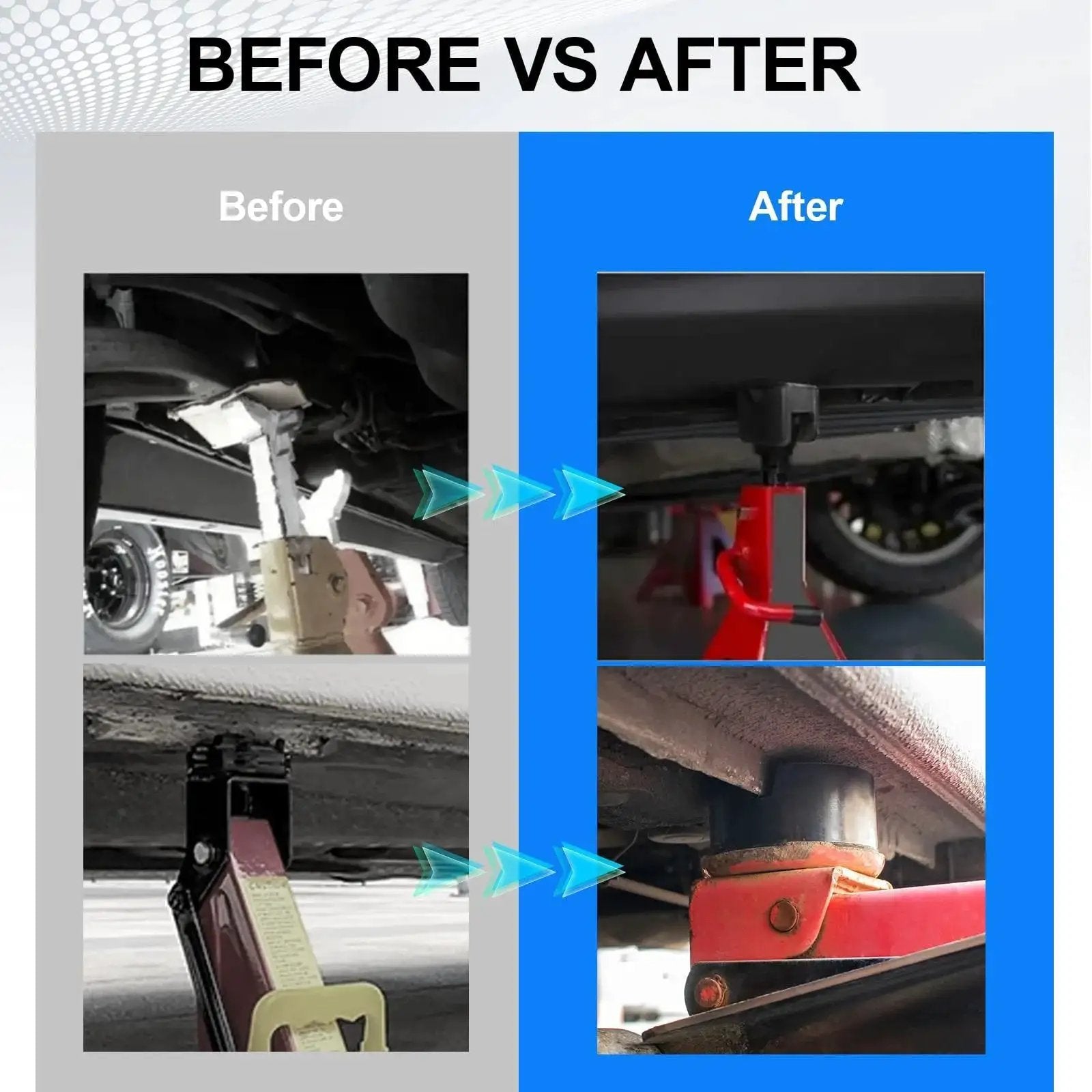 Comparison of jack usage before and after with Universal Rubber Jack Stand Pads and Adapters for Pinch Weld Frame Rails 4 Pack