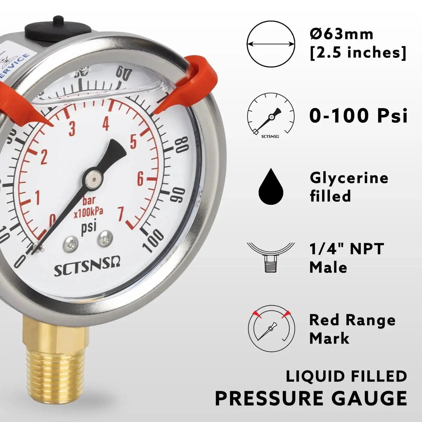 0 To 100 Psi Glycerin Liquid Filled Pressure Gauge With Two And A Half Inch Dial Lower Mount One Quarter Inch NPT Stainless Steel Case