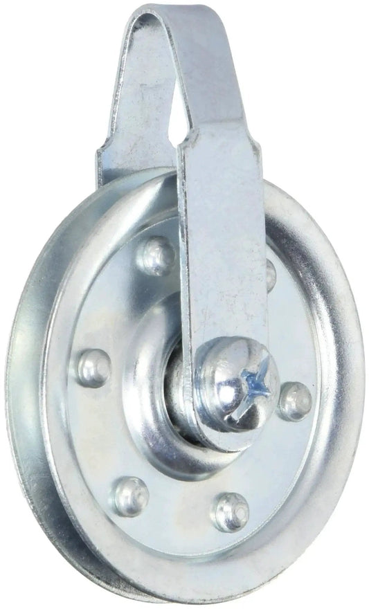 3 Inch Heavy Duty Galvanized Steel Pulley With Strap And Axle Bolt For 5 16 Inch Steel Cable Single Pack, side view
