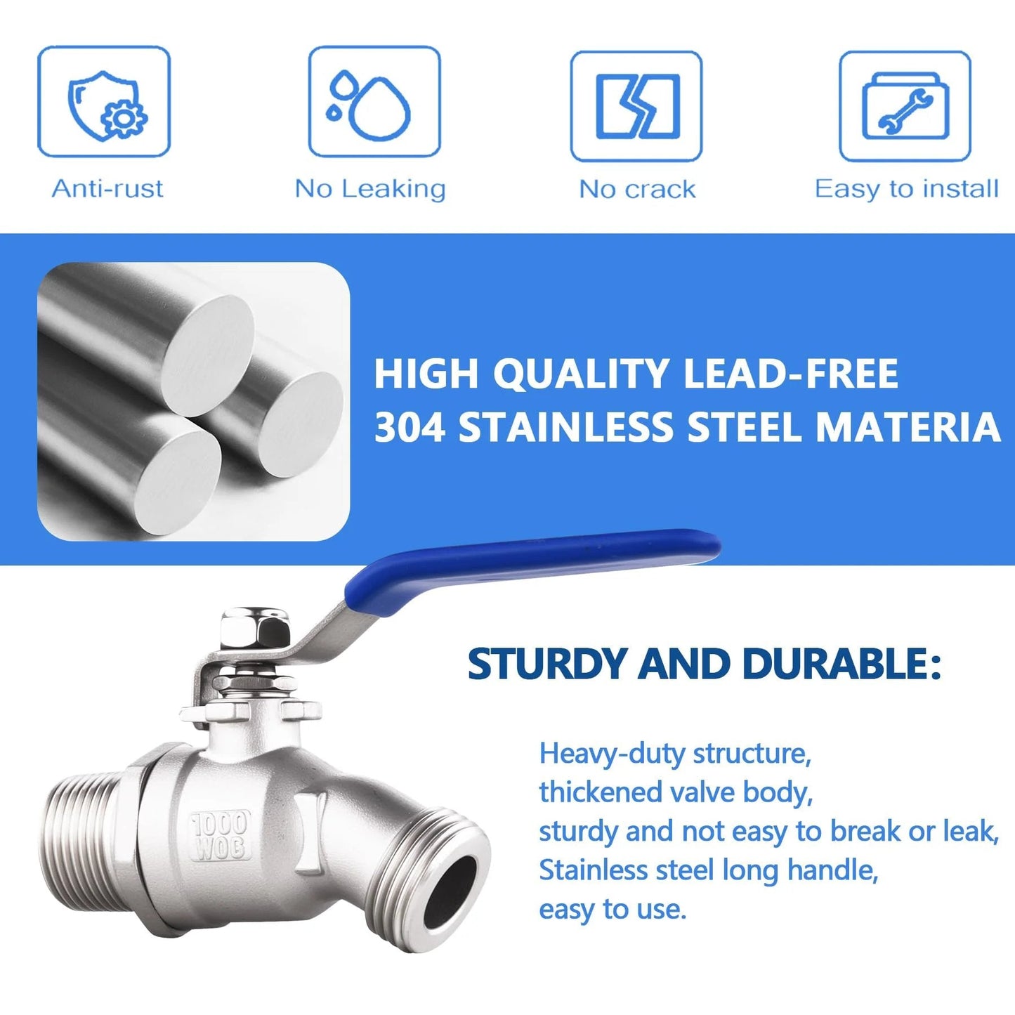Heavy Duty 304 Stainless Steel Hose Bibb Outdoor Faucet Three Quarter Inch NPT To Three Quarter Inch GHT Male Threads Lead Free Compliant
