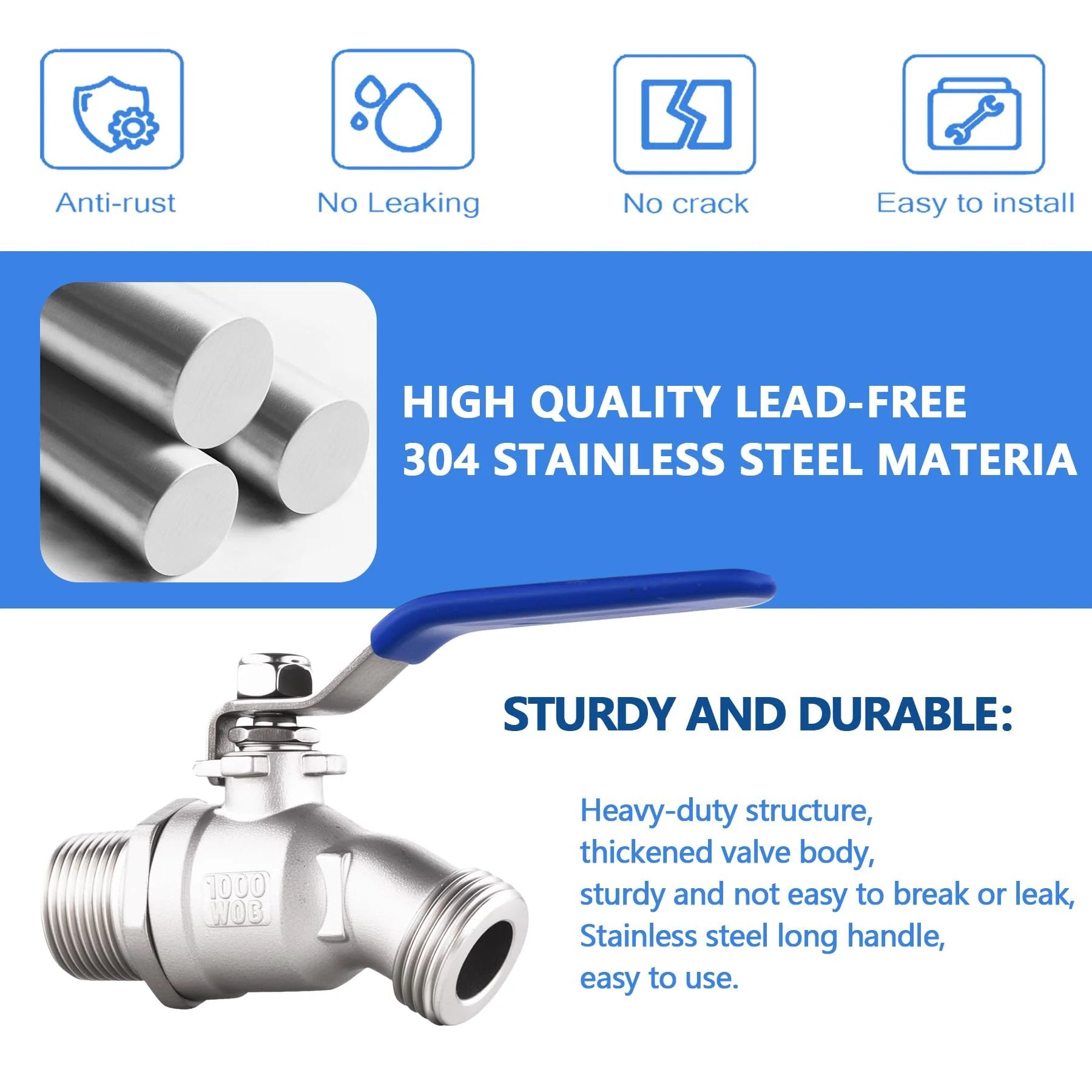 Heavy Duty 304 Stainless Steel Hose Bibb Outdoor Faucet Three Quarter Inch NPT To Three Quarter Inch GHT Male Threads Lead Free Compliant