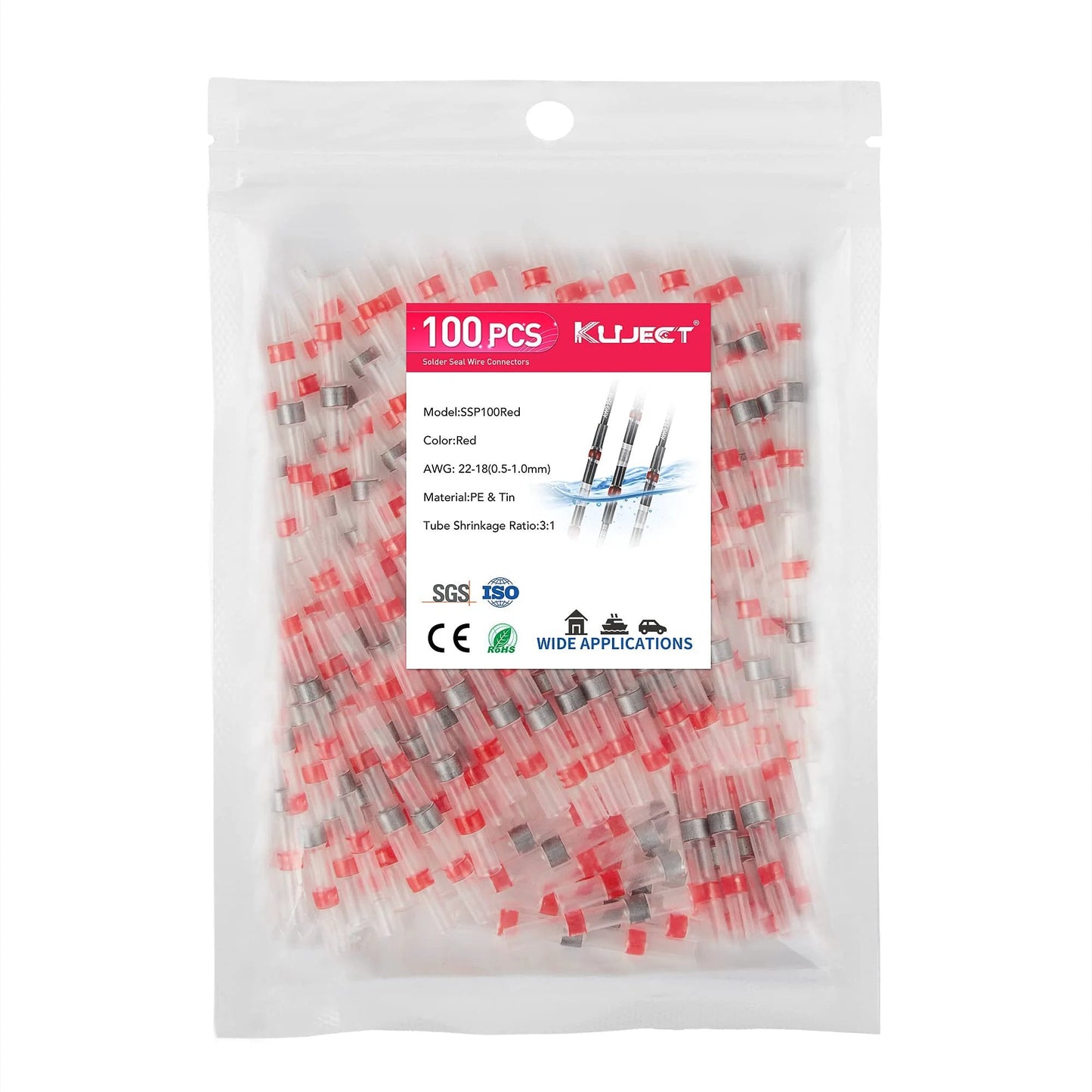 Solder Seal Wire Connectors Kit For Marine And Auto, 100 Pcs Red Heat Shrink Butt Connectors AWG 22-18 in a sealed package