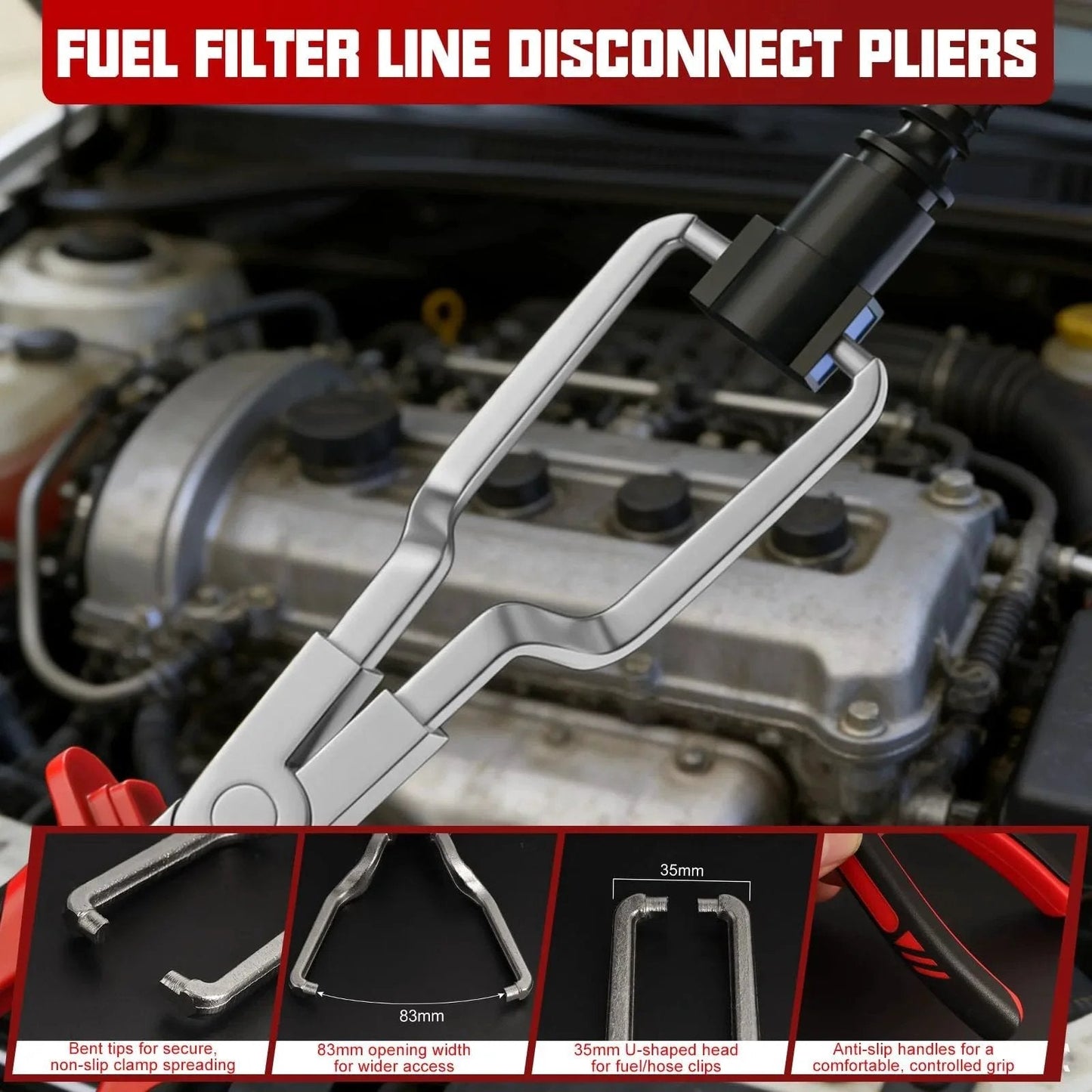 Fuel filter line disconnect pliers from 9 Piece Hose Clamp Pliers Set For Fuel Line Disconnect And Hose Removal Tool Kit in engine view.