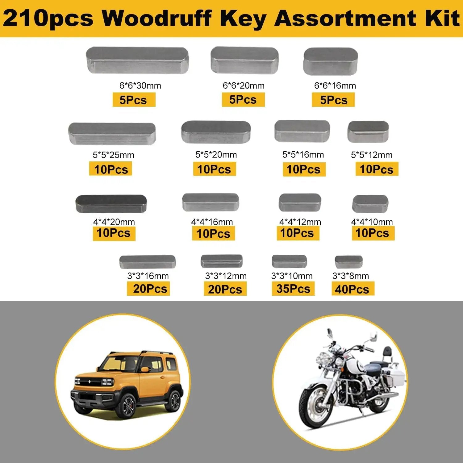 210 Piece Metric Woodruff Key Set with 15 sizes shown in a grid layout for flywheel pulley shaft keyways and fasteners.