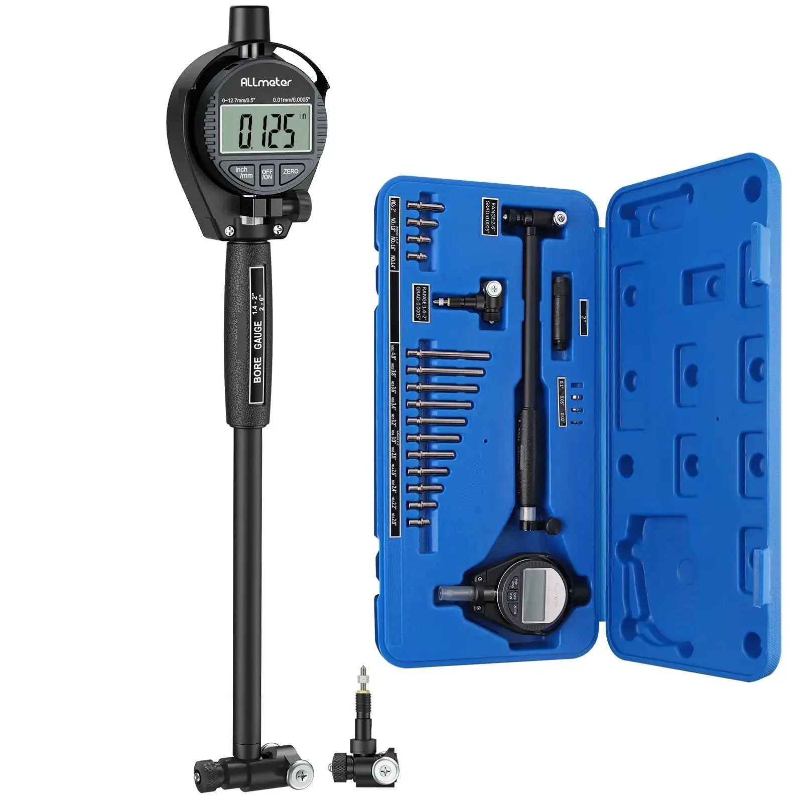 Ultimate Dial Bore Gauge Set For Engine Cylinders By ALLmeter 1.4 To 6 Inch Range with case and 15 anvils visible