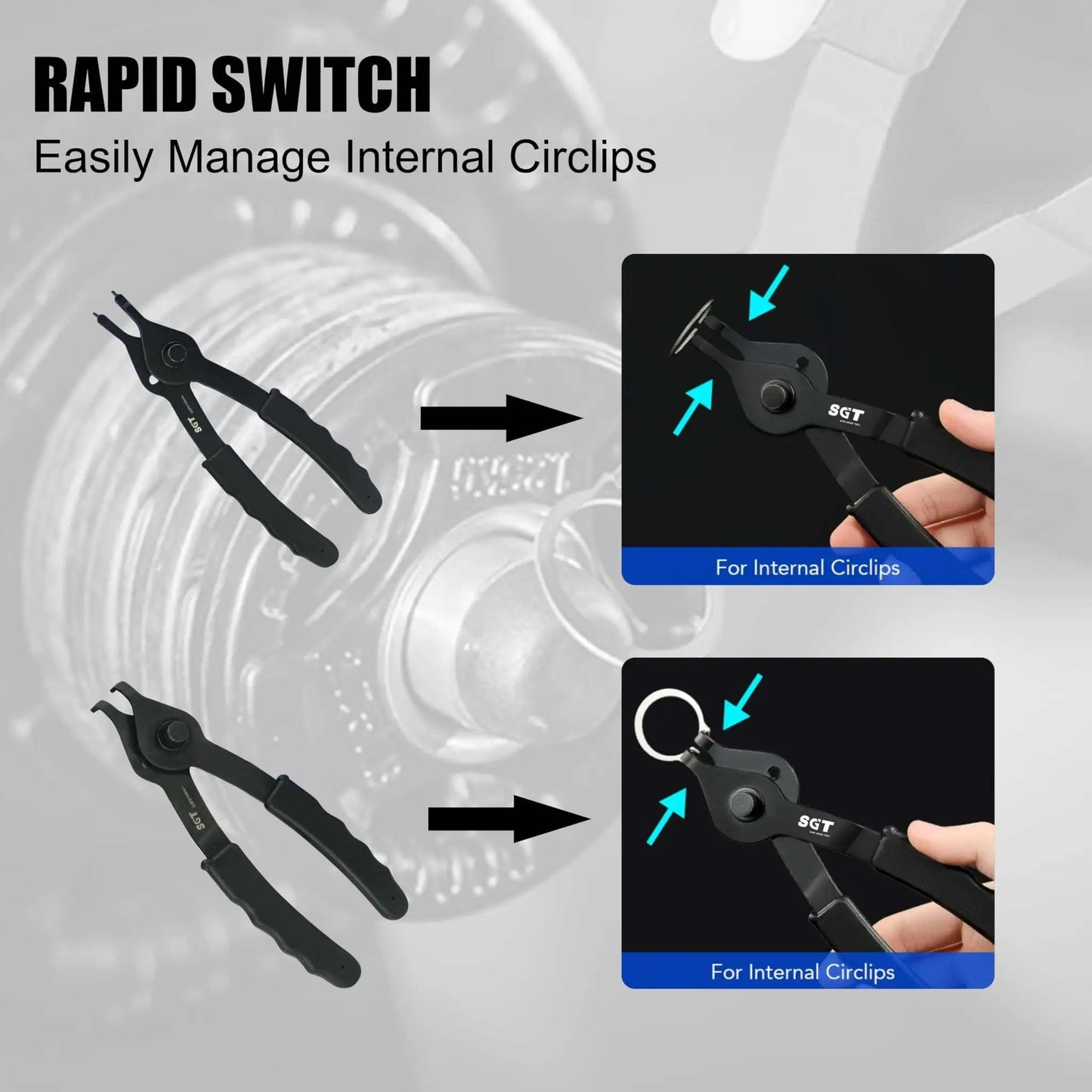 14 Piece Snap Ring Pliers Set With Internal And External Circlips Pliers Including 45 Degree Bent 90 Degree Bent And Straight Pliers Hook And Pick Pro Grade Heavy Duty Removal Tool With Storage Case And Gloves For Easy Ring Removal displayed removing an internal circlip