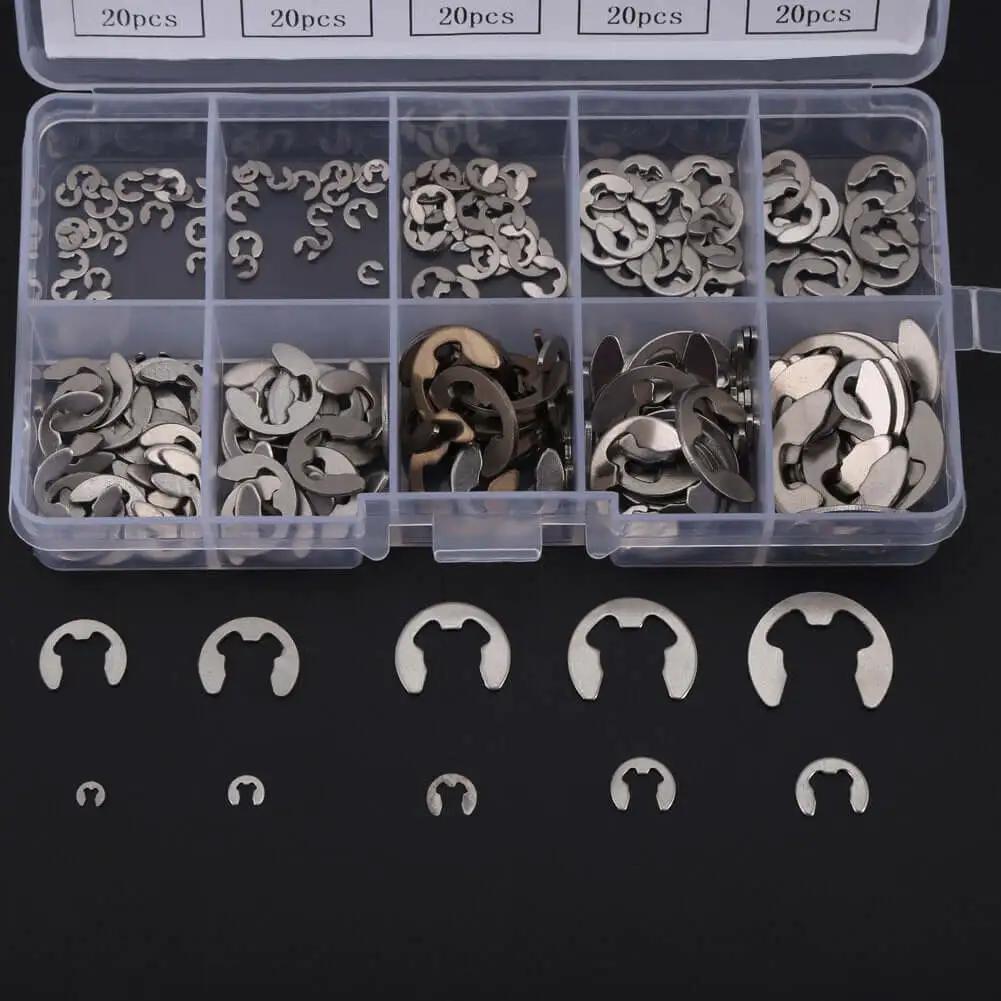 Heavy Duty E Clip Retaining Clip Kit For Gears Pulleys Axles And Engines, Heat Treated 304 Stainless Steel External Circlips, 200 Piece Assortment From 1.5mm To 10mm, Ideal For Locking Mechanisms And Anti Walk Washers shown in a transparent box.