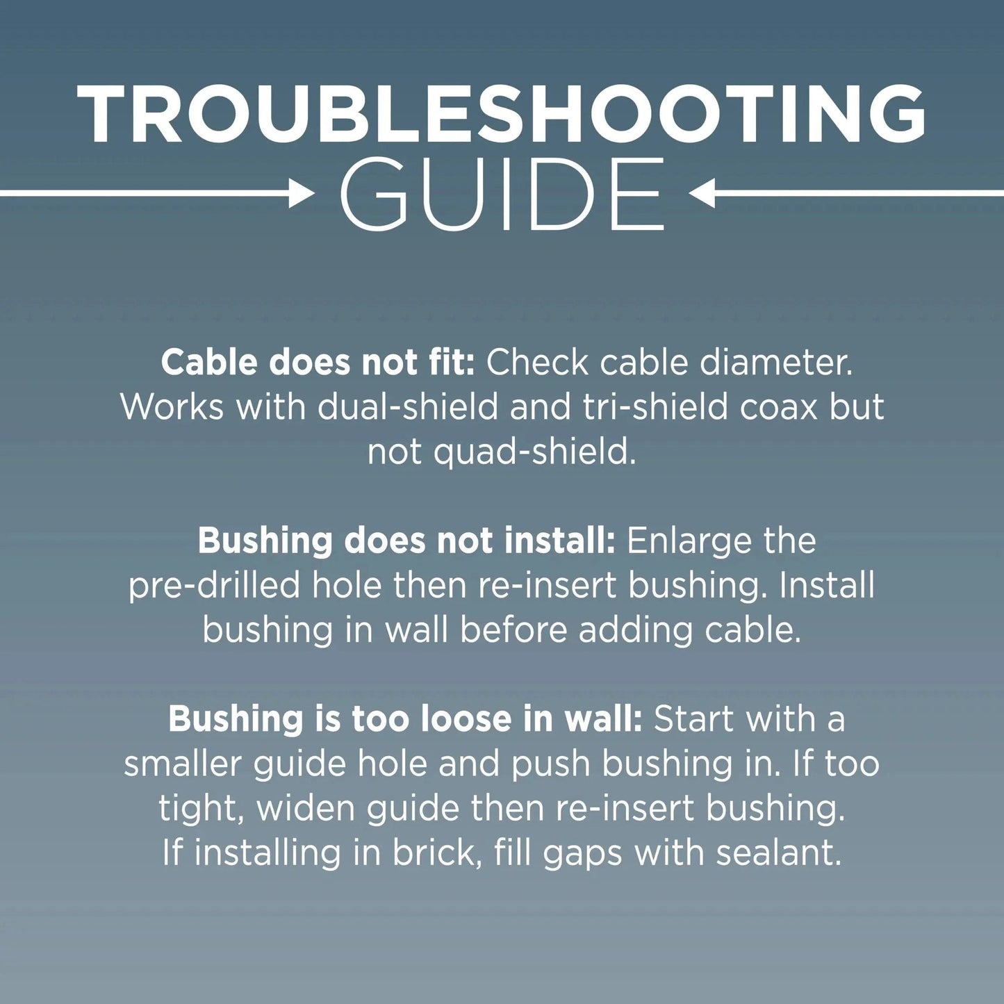 Troubleshooting guide for Dual Feed Through Bushing For RG6 Coaxial Cable Pass Through Grommet For Walls And Cabinets Indoor Outdoor White 10 Pack.