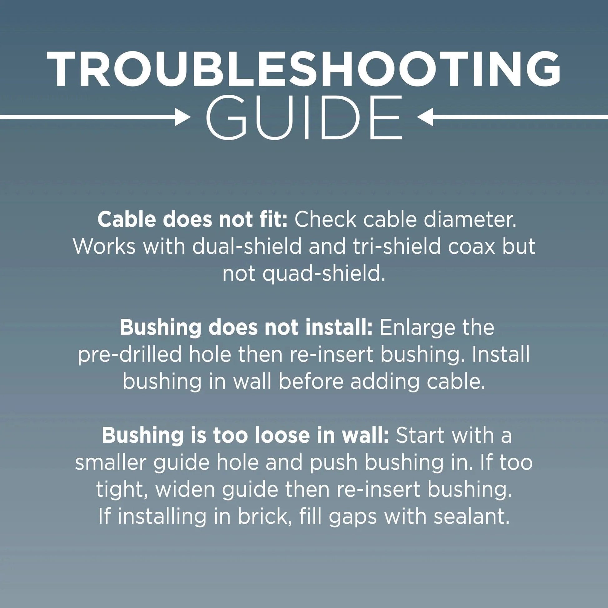 Troubleshooting guide for Dual Feed Through Bushing For RG6 Coaxial Cable Pass Through Grommet For Walls And Cabinets Indoor Outdoor White 10 Pack.