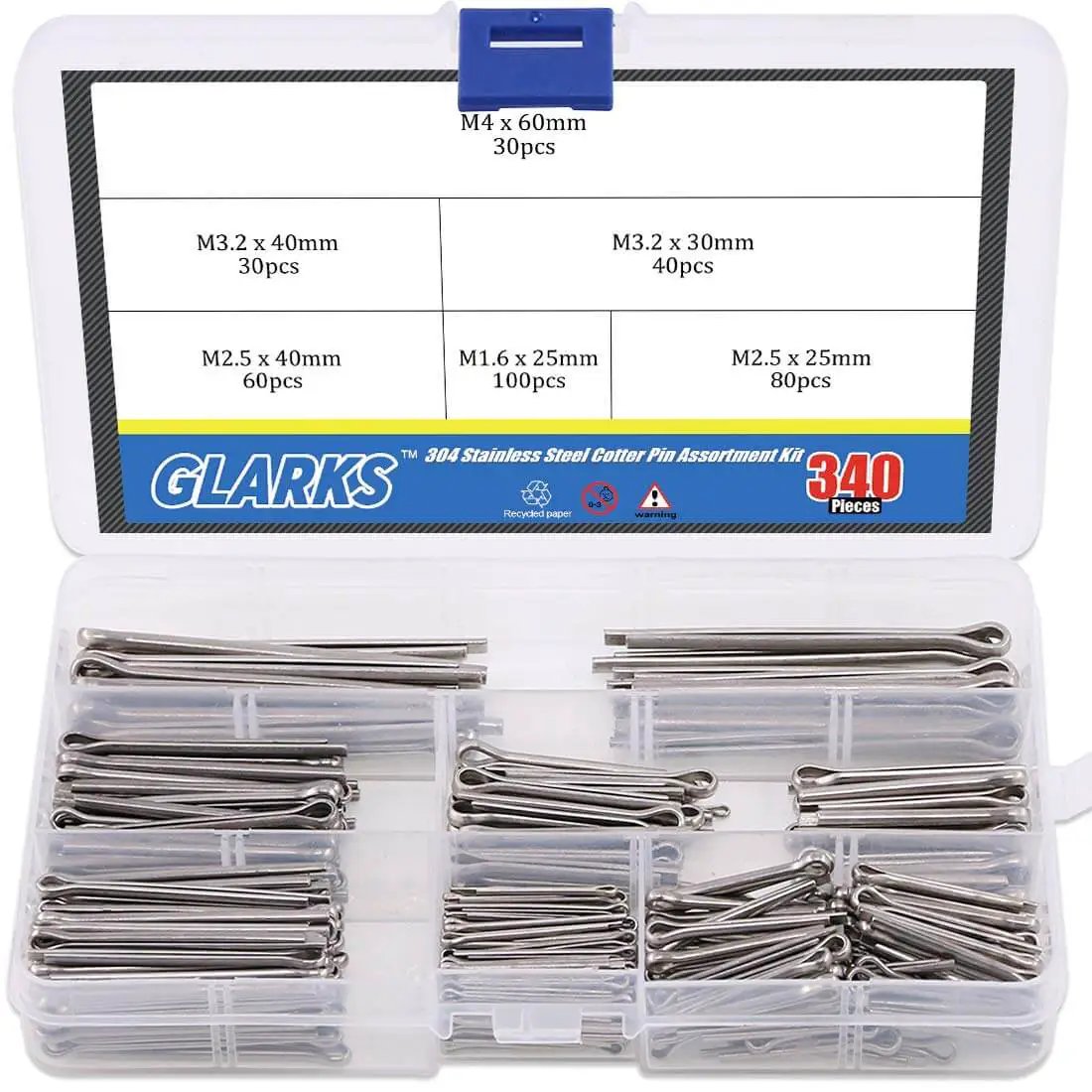 All In One 340 Piece Six Sizes 304 Stainless Steel Cotter Pin Clip Assortment Kit in open storage box