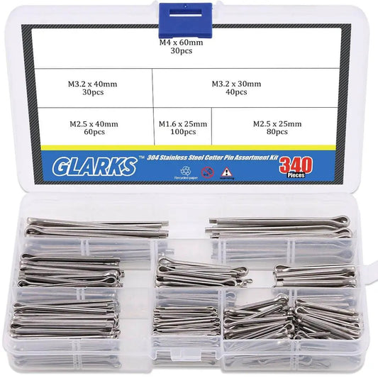 All In One 340 Piece Six Sizes 304 Stainless Steel Cotter Pin Clip Assortment Kit in open storage box