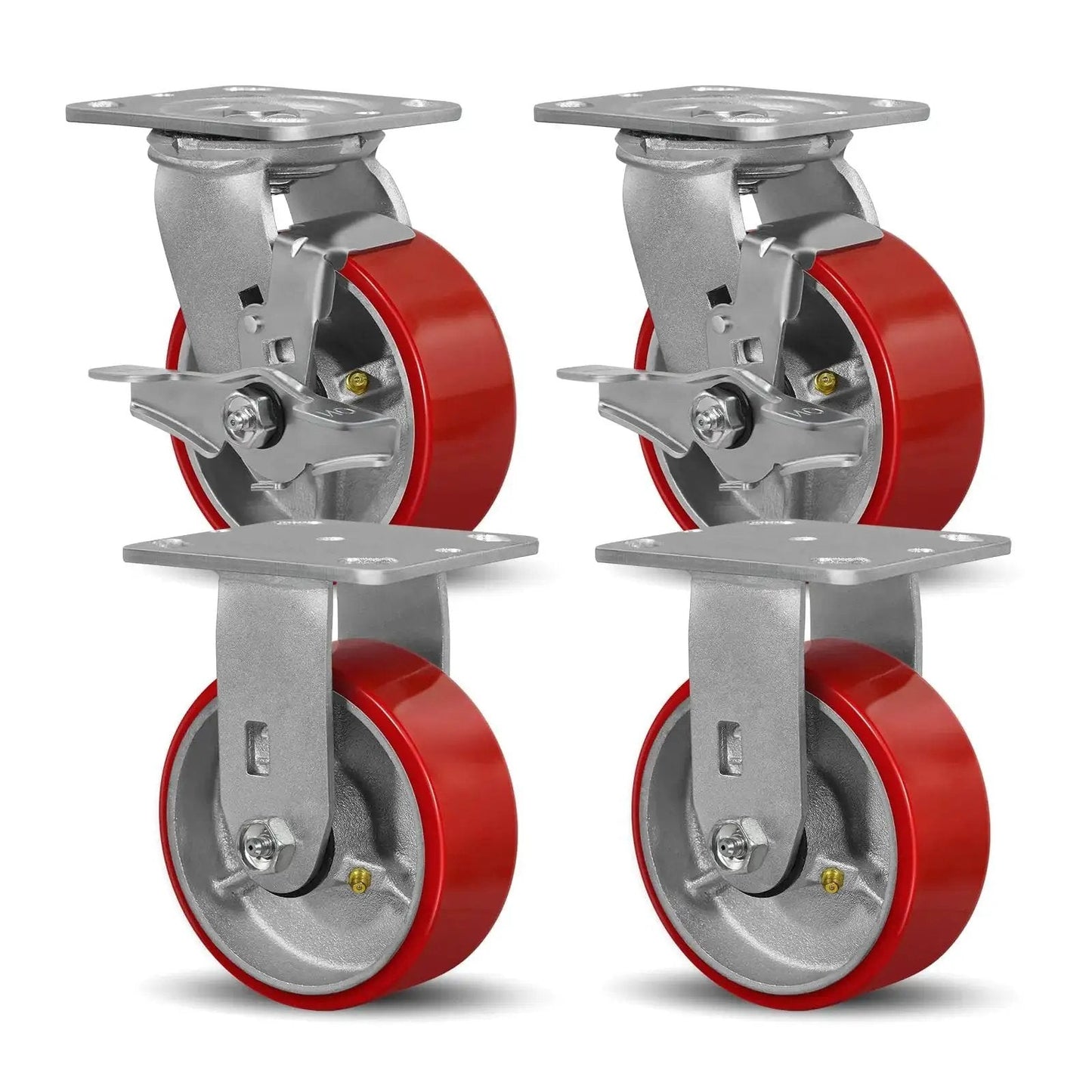 Five Inch By Two Inch Caster Set Of Four Heavy Duty Industrial Casters With Non Marking Polyurethane Tread On Silver Cast Iron Core Two Rigid And Two Swivel Top Lock Brakes Capable Of Four Thousand Lbs