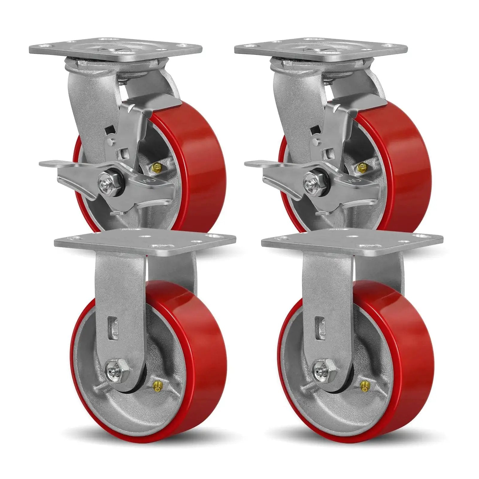 Five Inch By Two Inch Caster Set Of Four Heavy Duty Industrial Casters With Non Marking Polyurethane Tread On Silver Cast Iron Core Two Rigid And Two Swivel Top Lock Brakes Capable Of Four Thousand Lbs