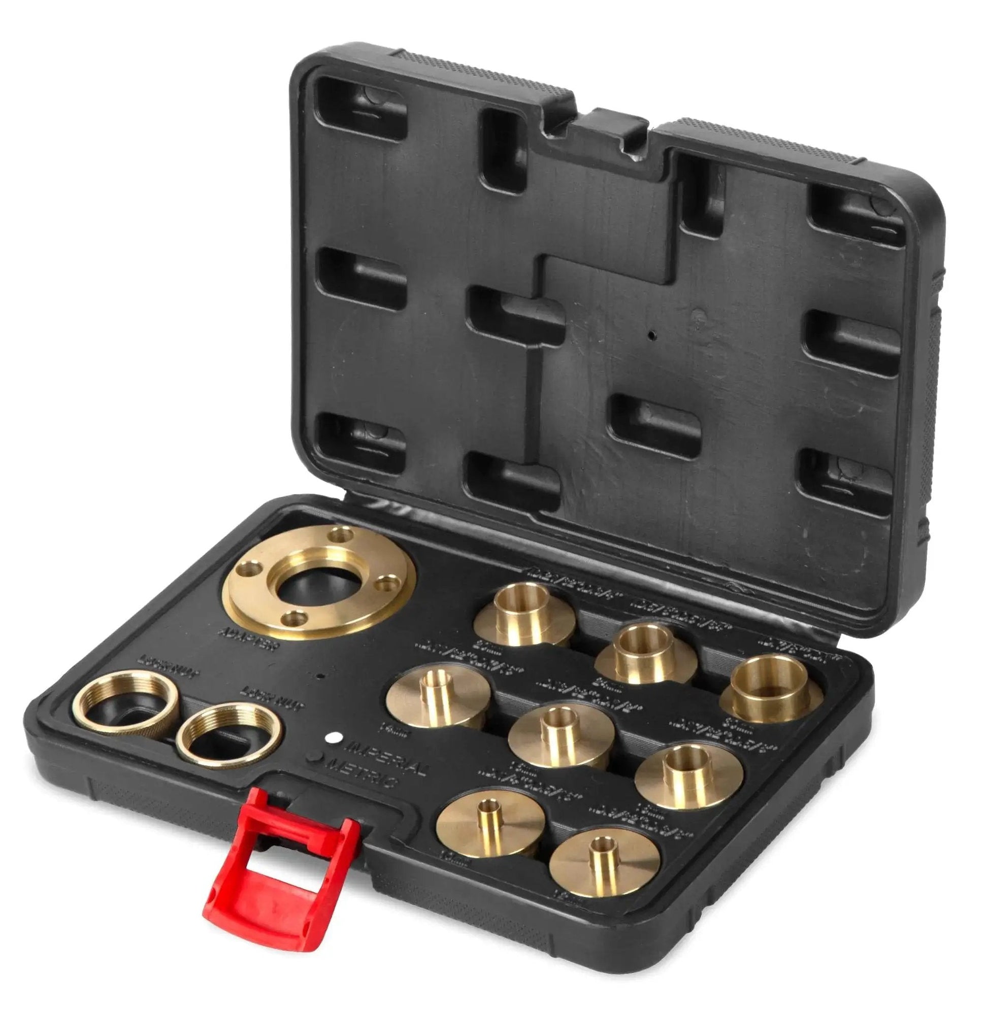 Precision Brass Router Template And Guide Bushing Set For 1-3/16 Inch Base Plate Opening, 11-Piece Kit in open black case