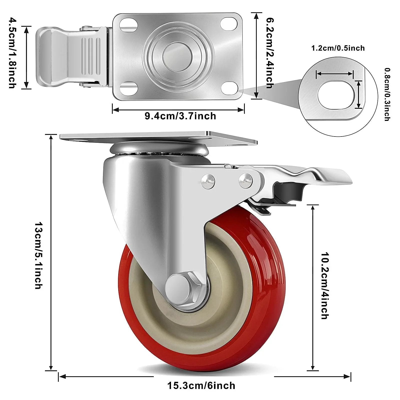 4 Inch Heavy Duty Swivel Caster Wheels With Brakes, showing dimensions and steel plate design for furniture cart.