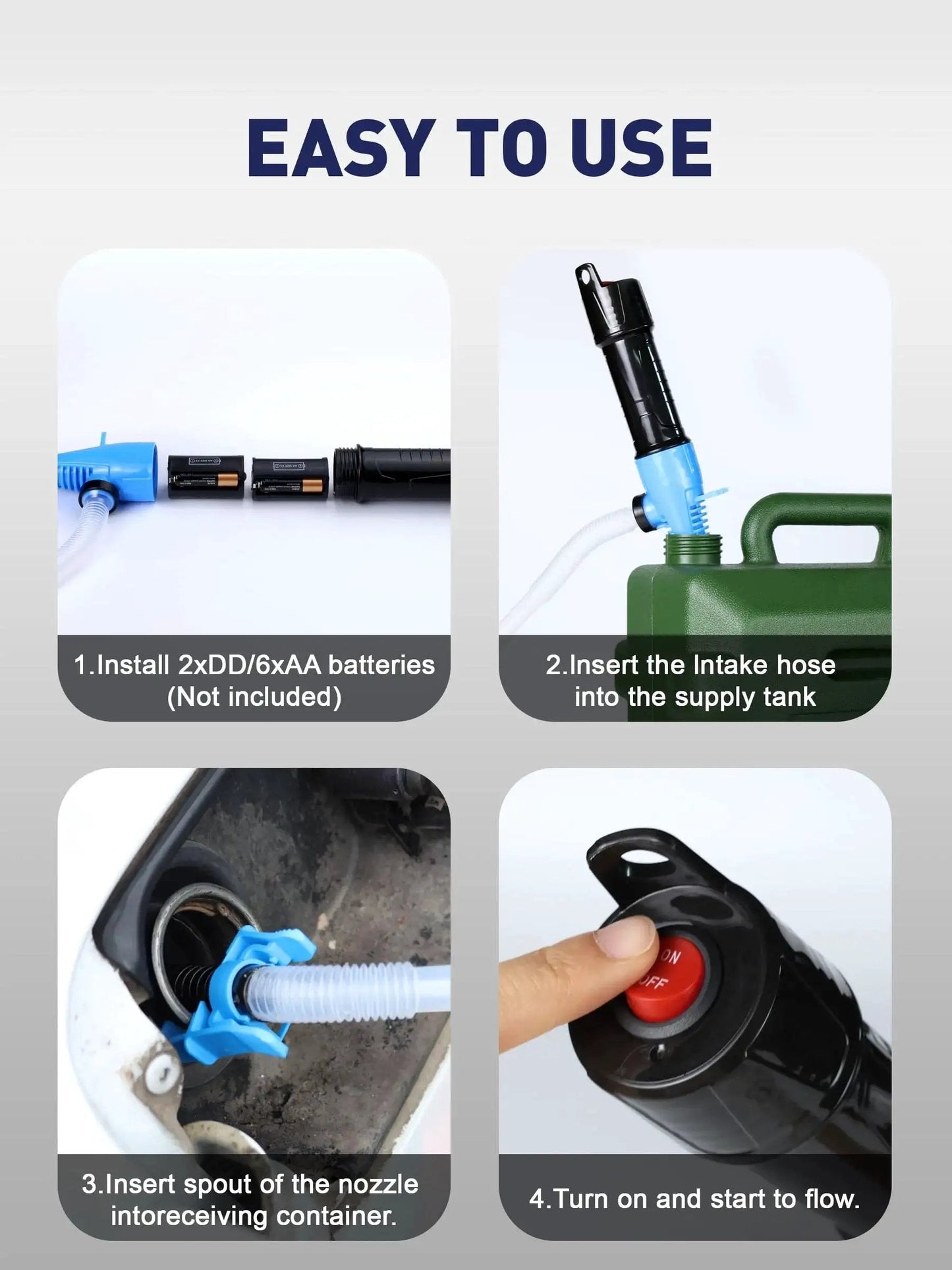 Instructions for using Battery Operated Oil Transfer Pump 3 GPM for Gasoline Diesel Water and More, showing battery installation and operation.