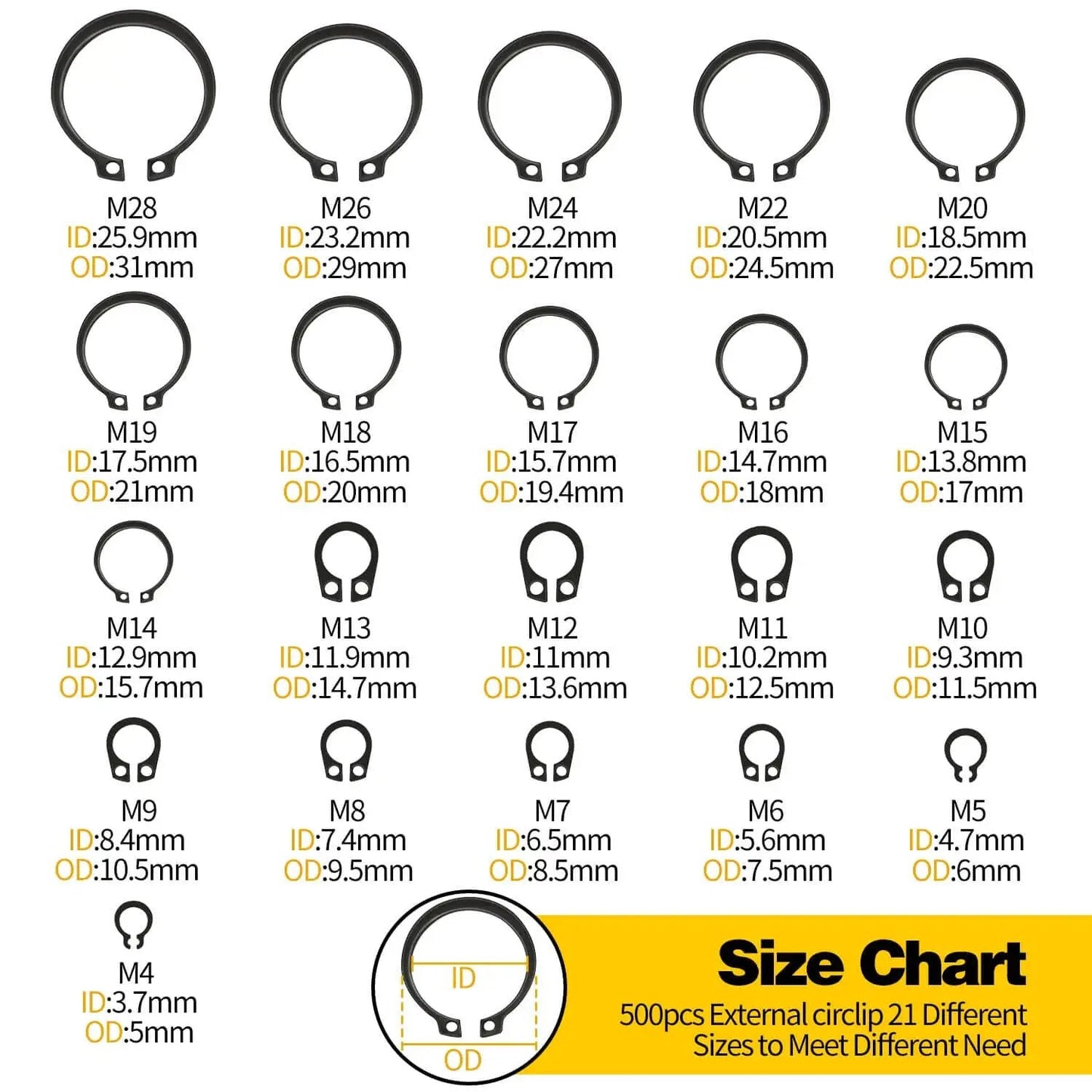 Size chart of 500Pcs Retaining Ring Set M4 To M28 With 21 Sizes Alloy Steel Circlip Snap Ring Kit Including 4 Pliers For Internal And External Snap Rings Pro Grade For Automotive Machinery And DIYers.