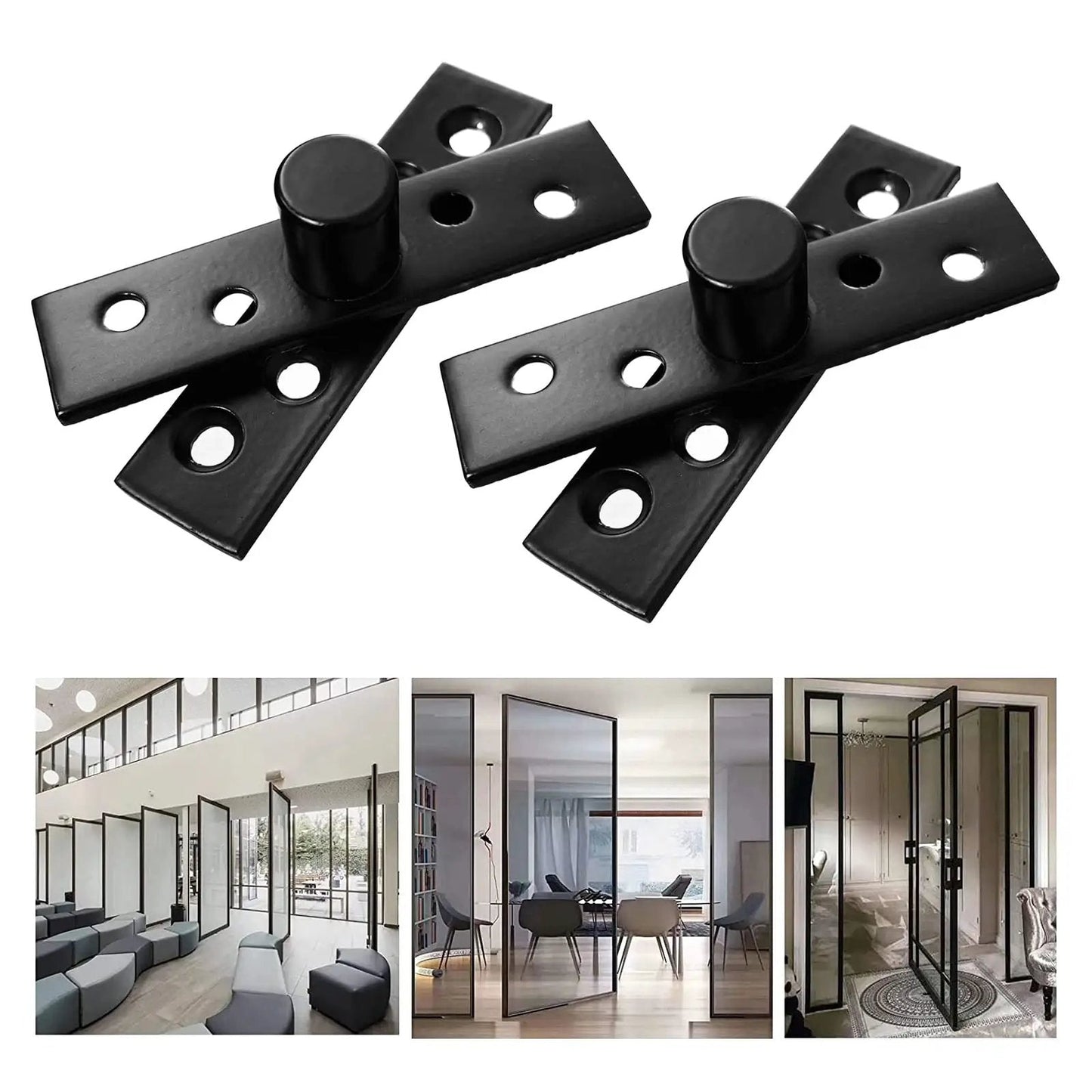 Two Pack 360 Degree Concealed Door Hinge Set In Black Stainless Steel Pivot Hinge For In Wall TV Swivel And Camper Playscape Doors Up Down Mounting Brushed Finish Durable Corrosion Resistant Easy Install High Strength, showing black brushed hinges and installation examples