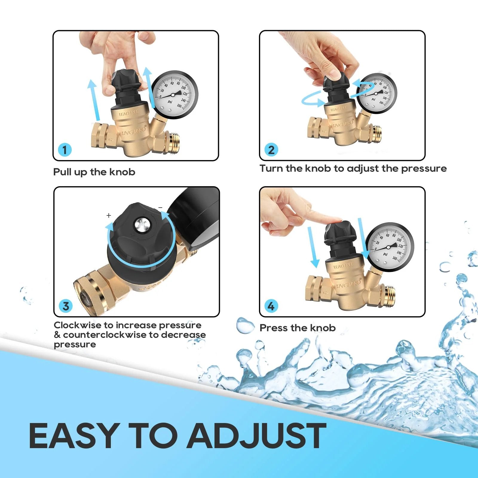 Adjustable Knob RV Water Pressure Regulator Valve By RVGUARD Tool Free Lead Free Brass Reducer With Gauge And Inlet Screen Filter For Camper And Travel Trailer Rigs shown with adjustment instructions.
