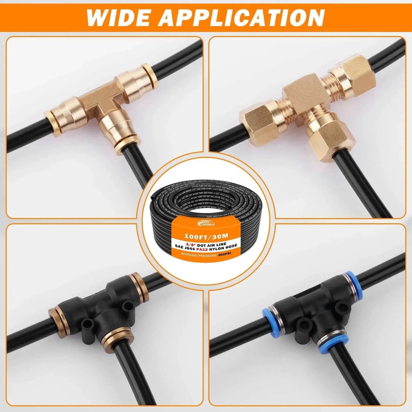 Close-up of installed nylon DOT air line three eighths inch outer diameter pneumatic tubing for DOT air brake systems