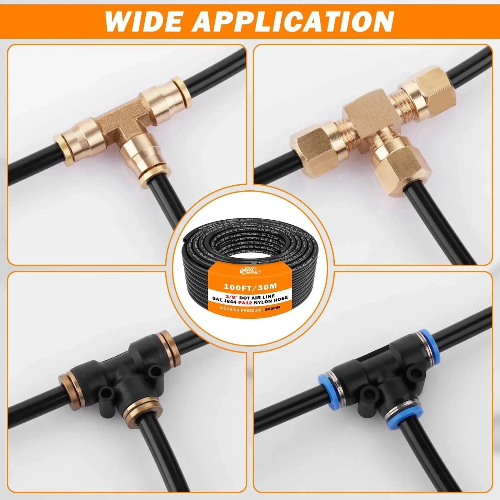Close-up of installed nylon DOT air line three eighths inch outer diameter pneumatic tubing for DOT air brake systems