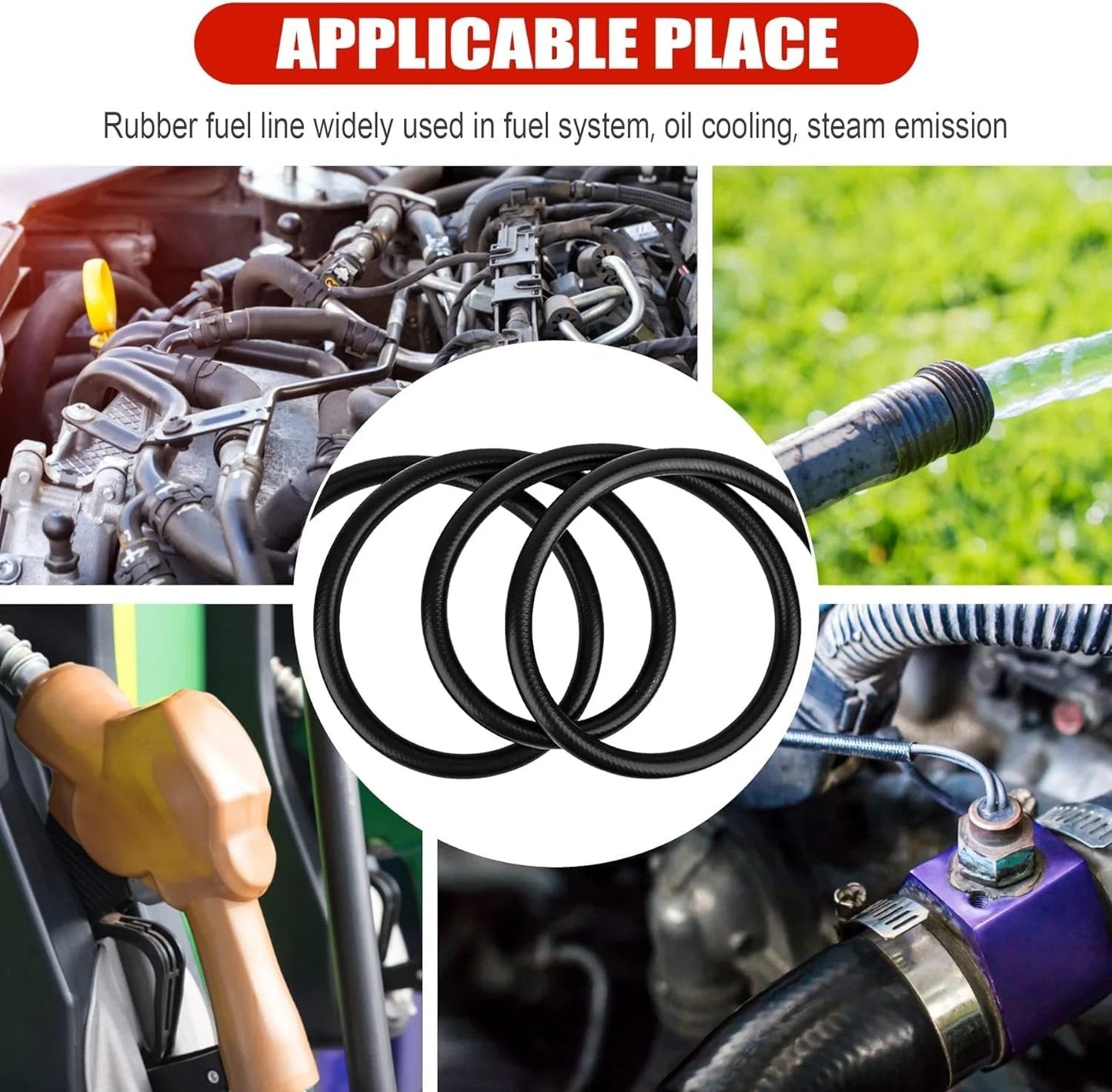 Three Eighths Inch ID Fuel Line Hose 10 Ft NBR Rubber Heavy Duty High Pressure 300 PSI For Automotive Fuel Systems Engines With 12 Clamps Durable Flexible Weather Resistant Fuel Line in automotive context.