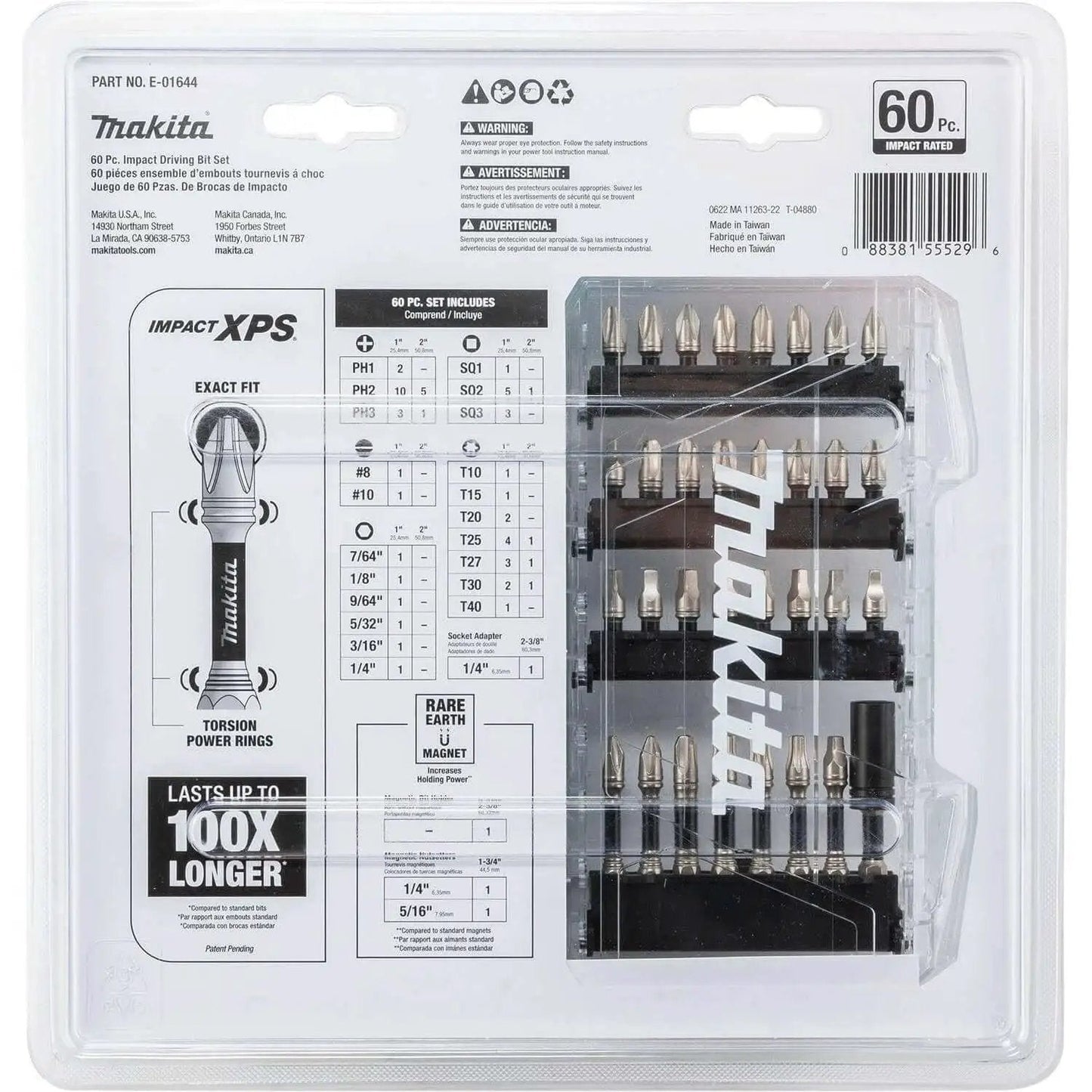 Packaging of Impact XPS 60 Piece Bit Set For High Torque Impact Drivers With Pro Grade Bits Precision Machined Tips Torque Absorbing Shoulder Rings Optimized Torsion Zone And Bits That Last 100x Longer For Tough Jobs Makita.